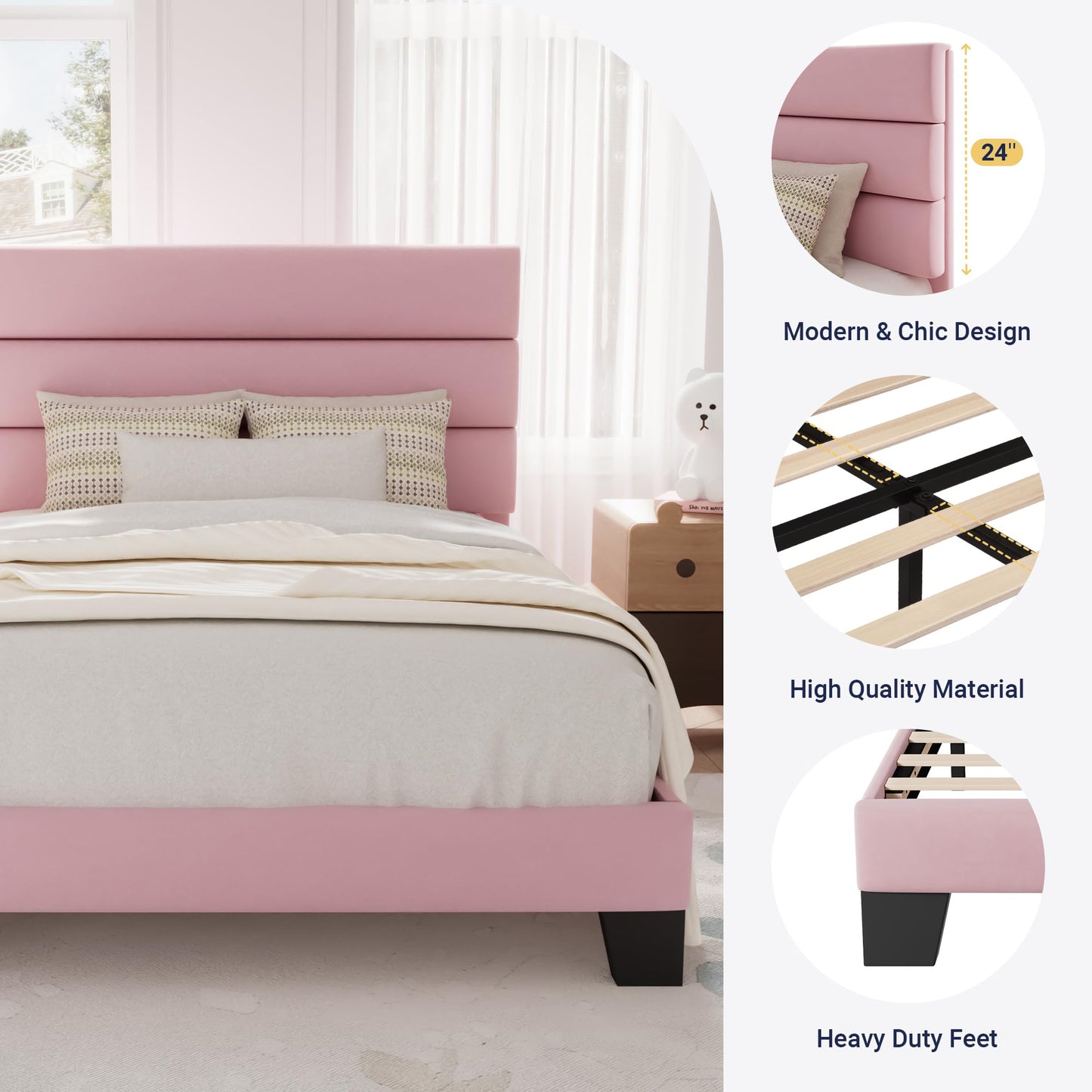 Allewie Queen Size Platform Bed Frame with Fabric Upholstered Headboard and Wooden Slats Support, Fully Upholstered Mattress Foundation/No Box Spring Needed/Easy Assembly, Dark Grey