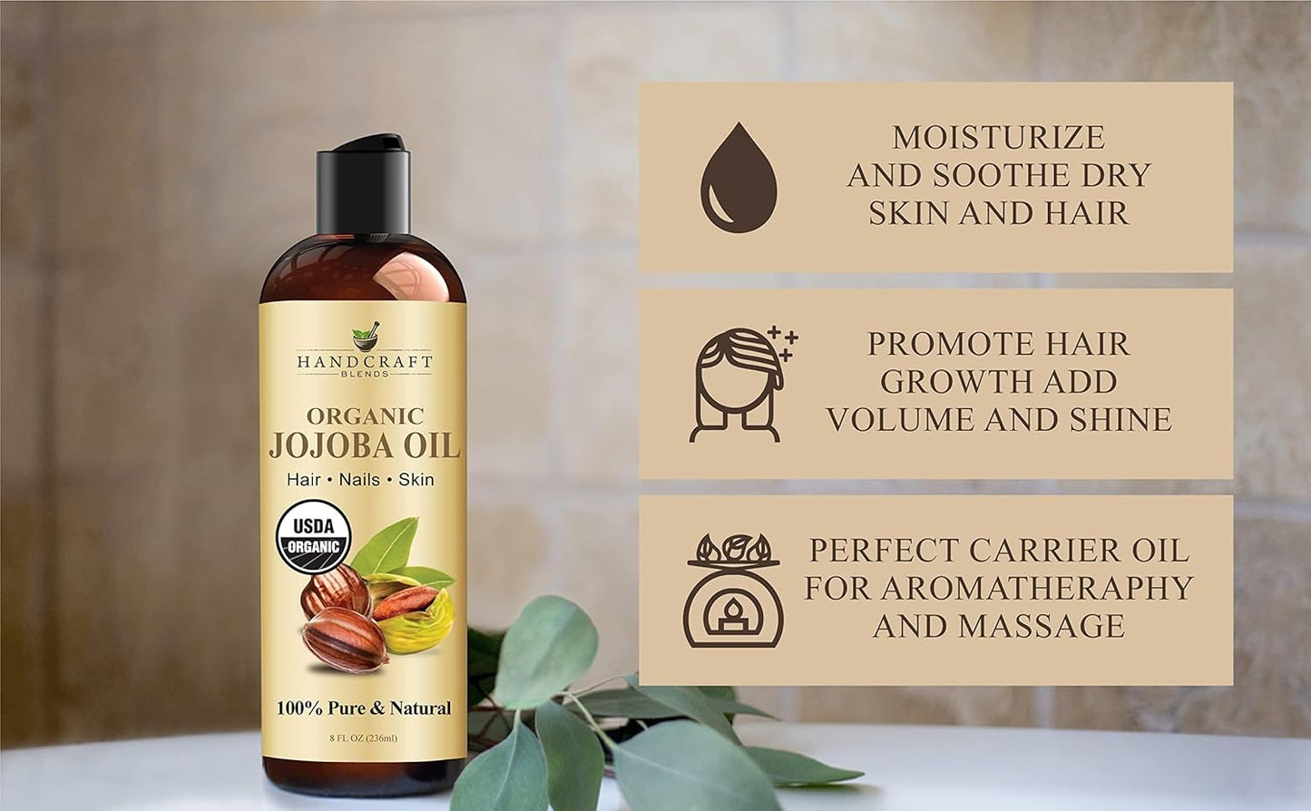 Handcraft Blends USDA Organic Jojoba Oil - Cold-Pressed 8 Fl Oz - 100% Pure and Natural Hair Styling Oil - Premium Grade Carrier Oil for Skin and Hair - Hair and Body - Massage - Hexane-Free