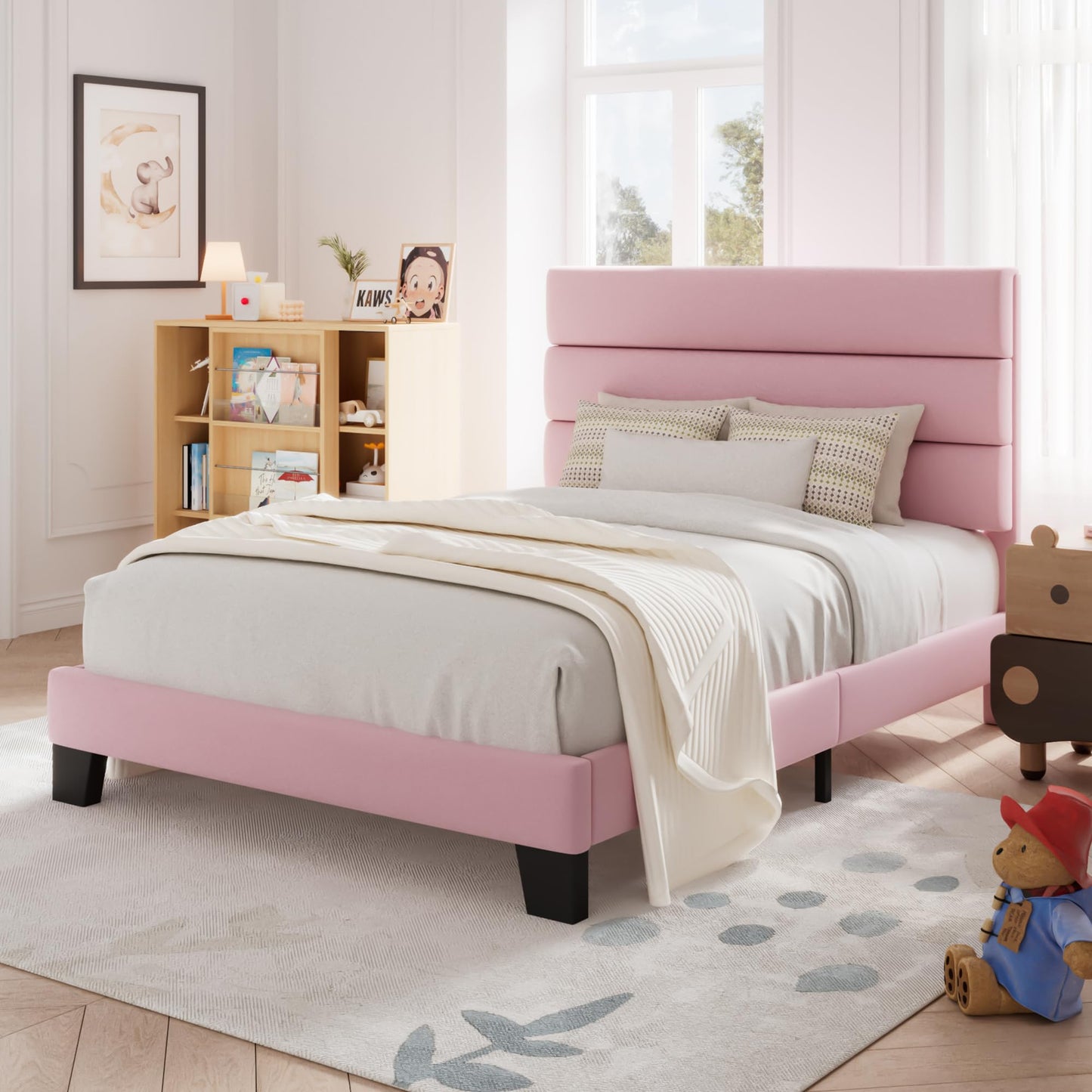 Allewie Queen Size Platform Bed Frame with Fabric Upholstered Headboard and Wooden Slats Support, Fully Upholstered Mattress Foundation/No Box Spring Needed/Easy Assembly, Dark Grey