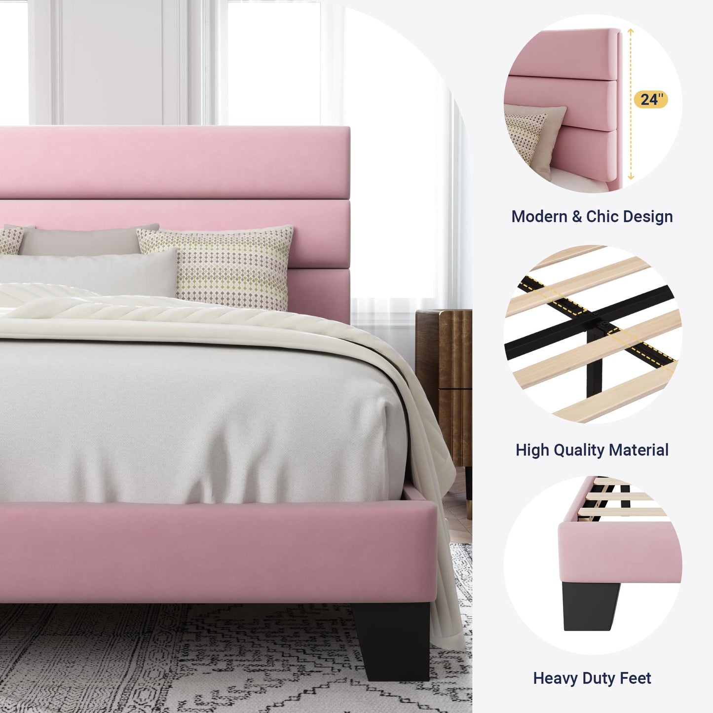Allewie Queen Size Platform Bed Frame with Fabric Upholstered Headboard and Wooden Slats Support, Fully Upholstered Mattress Foundation/No Box Spring Needed/Easy Assembly, Dark Grey