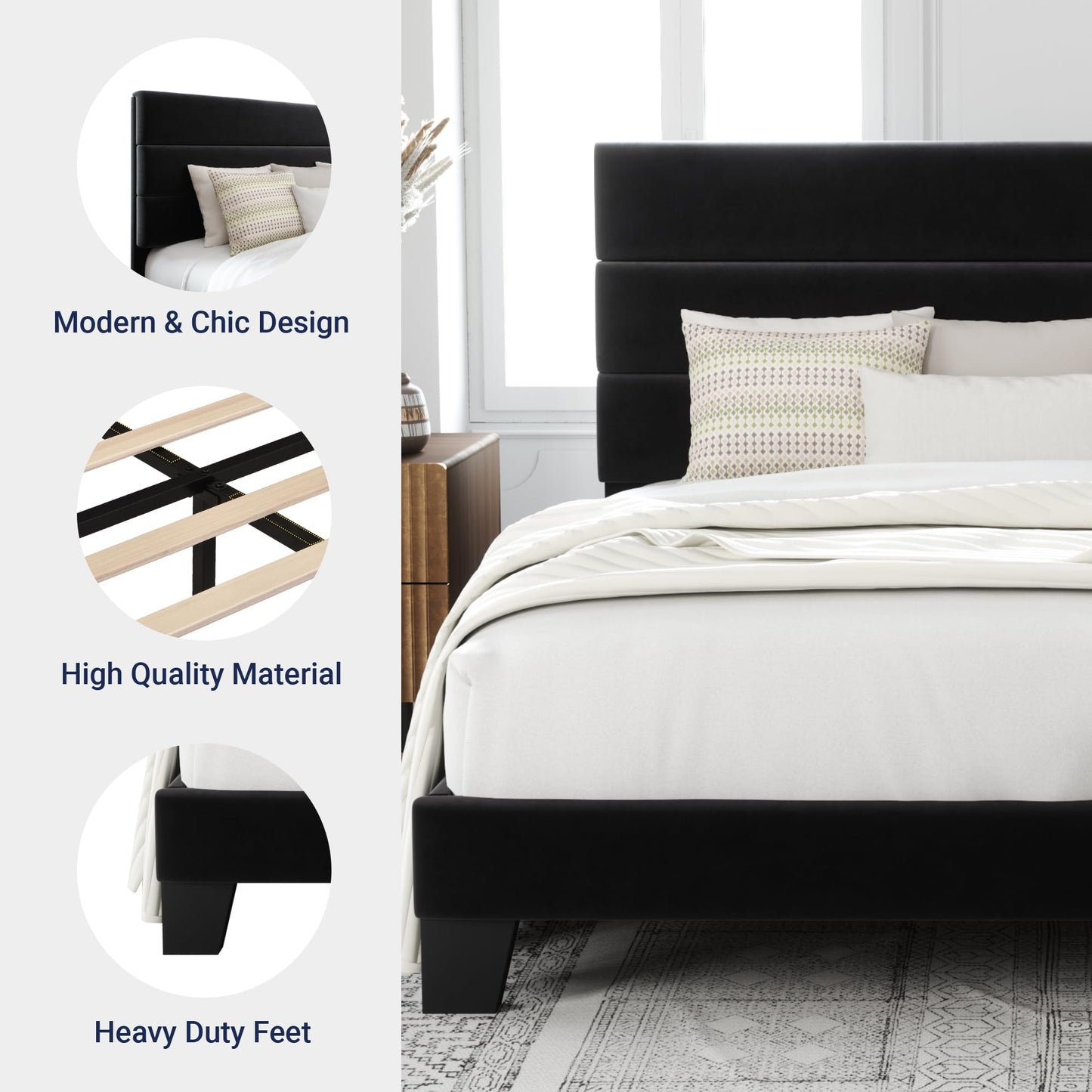 Allewie Queen Size Platform Bed Frame with Fabric Upholstered Headboard and Wooden Slats Support, Fully Upholstered Mattress Foundation/No Box Spring Needed/Easy Assembly, Dark Grey