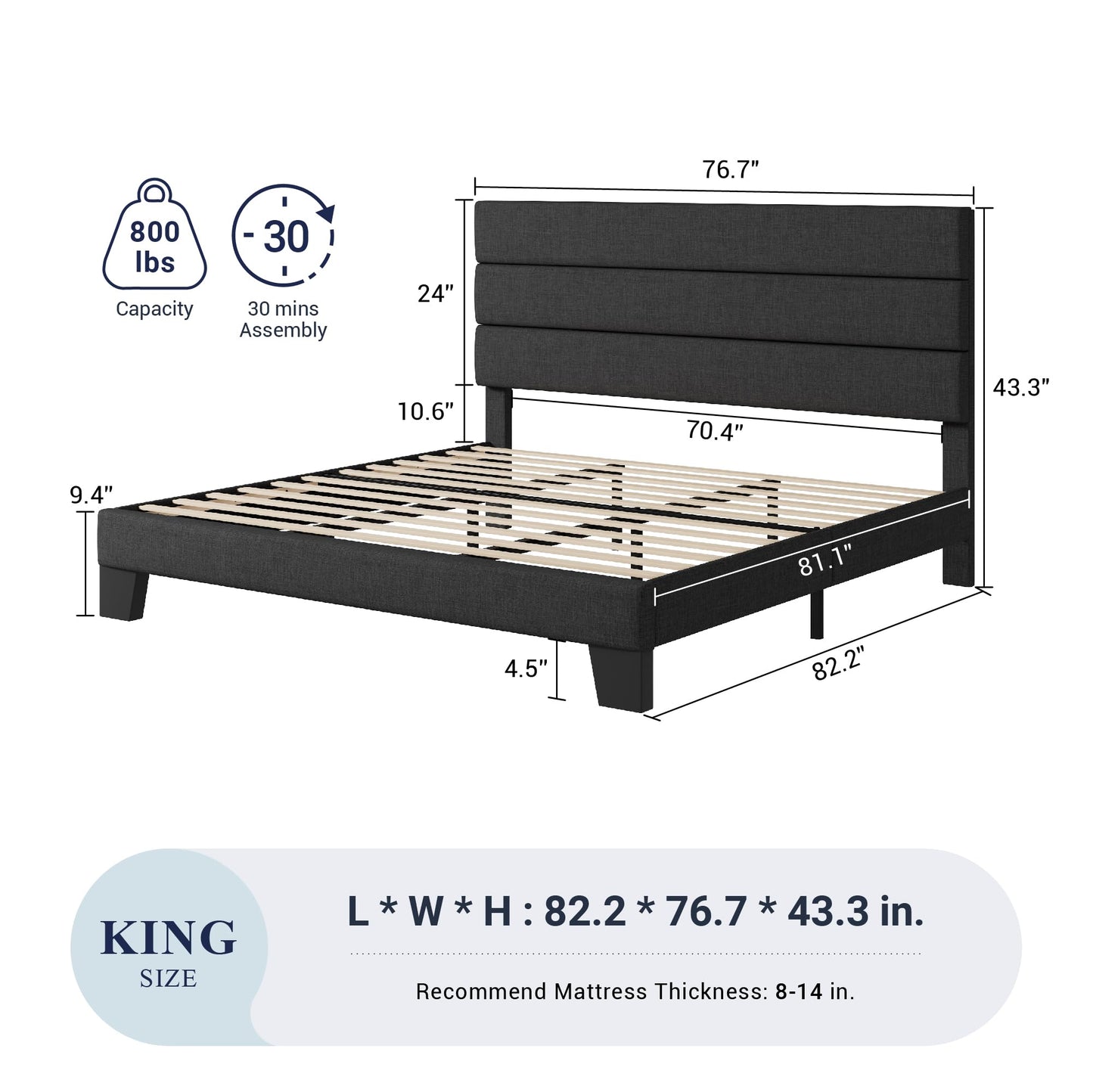 Allewie Queen Size Platform Bed Frame with Fabric Upholstered Headboard and Wooden Slats Support, Fully Upholstered Mattress Foundation/No Box Spring Needed/Easy Assembly, Dark Grey