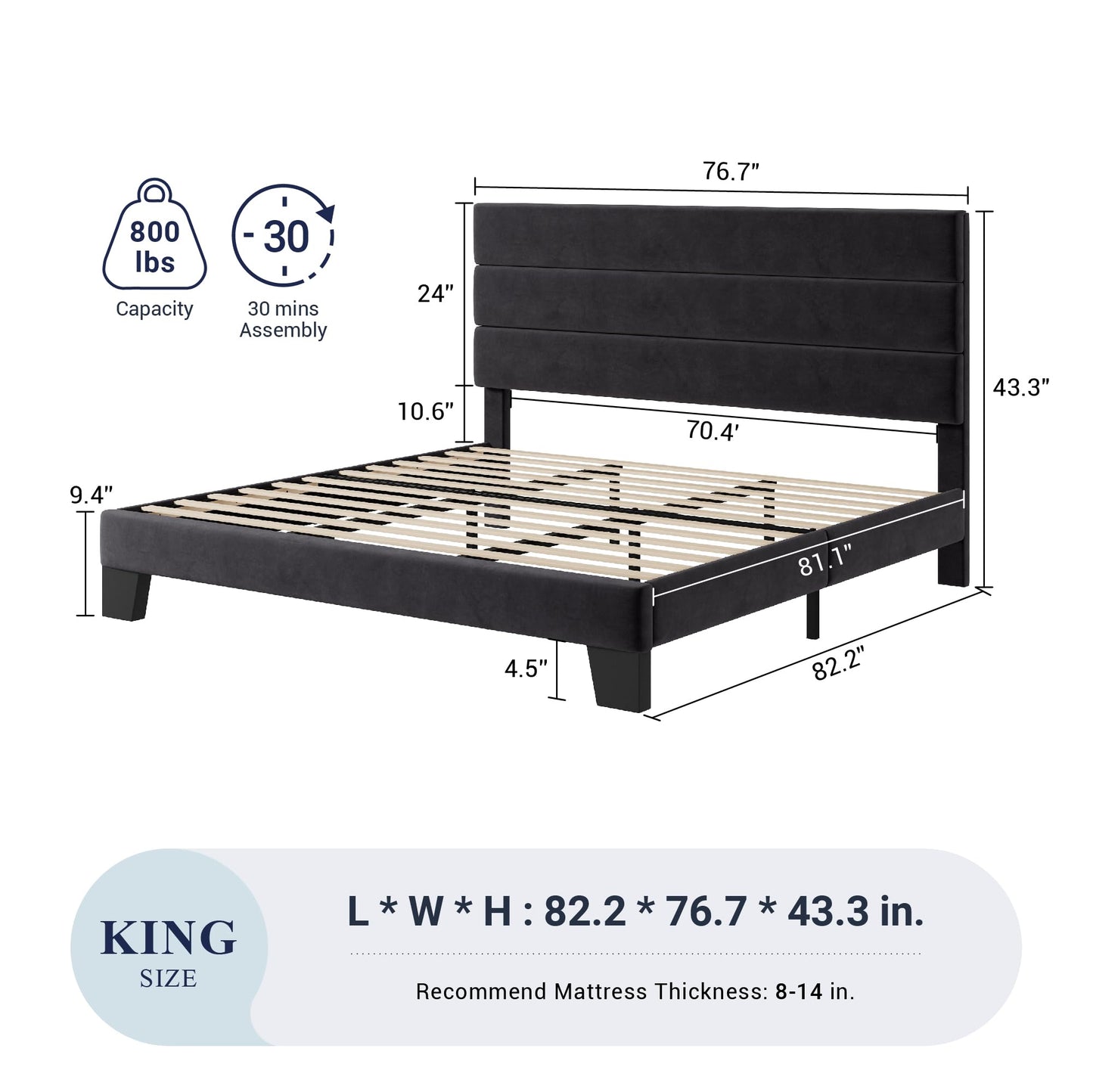 Allewie Queen Size Platform Bed Frame with Fabric Upholstered Headboard and Wooden Slats Support, Fully Upholstered Mattress Foundation/No Box Spring Needed/Easy Assembly, Dark Grey