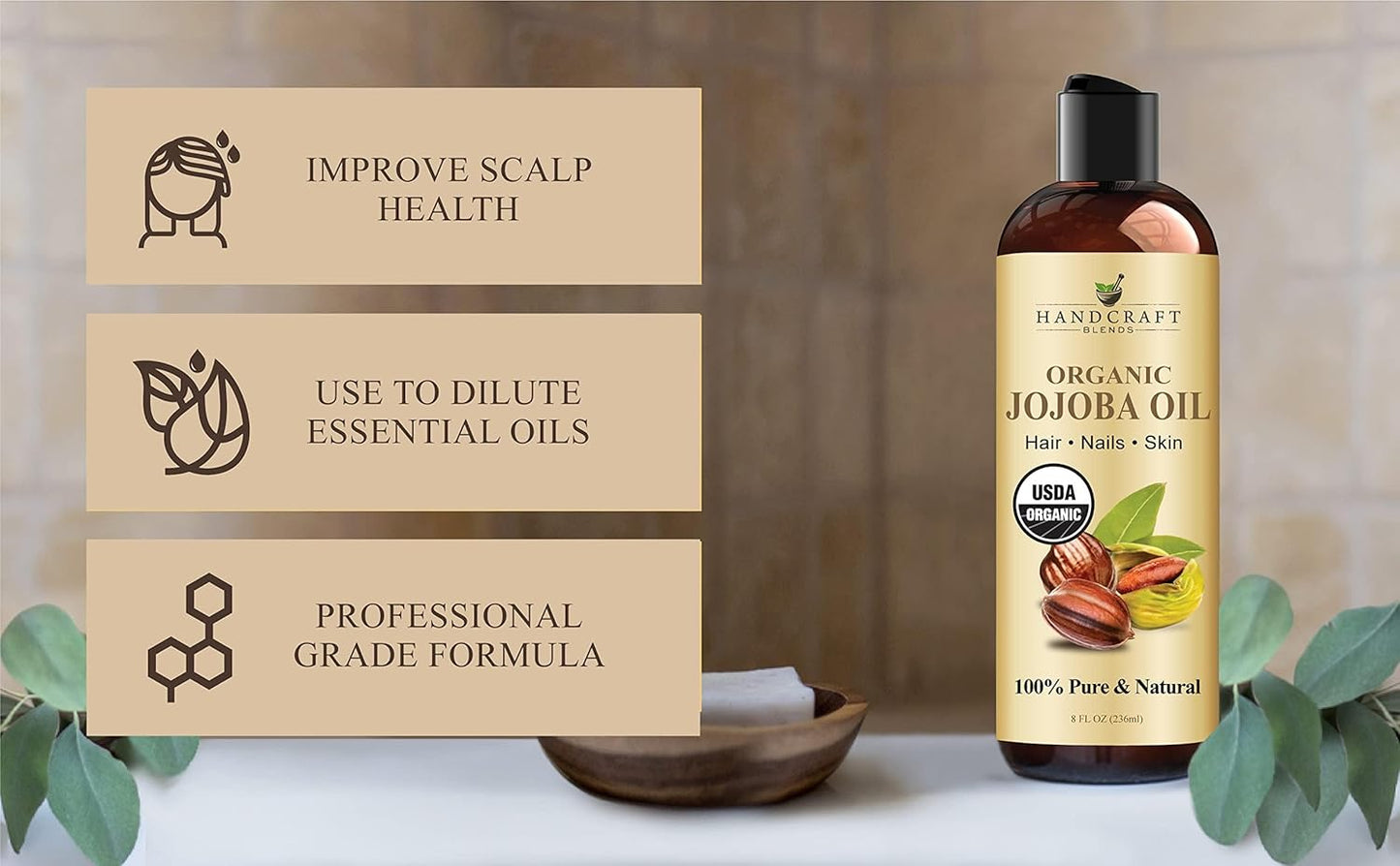 Handcraft Blends USDA Organic Jojoba Oil - Cold-Pressed 8 Fl Oz - 100% Pure and Natural Hair Styling Oil - Premium Grade Carrier Oil for Skin and Hair - Hair and Body - Massage - Hexane-Free