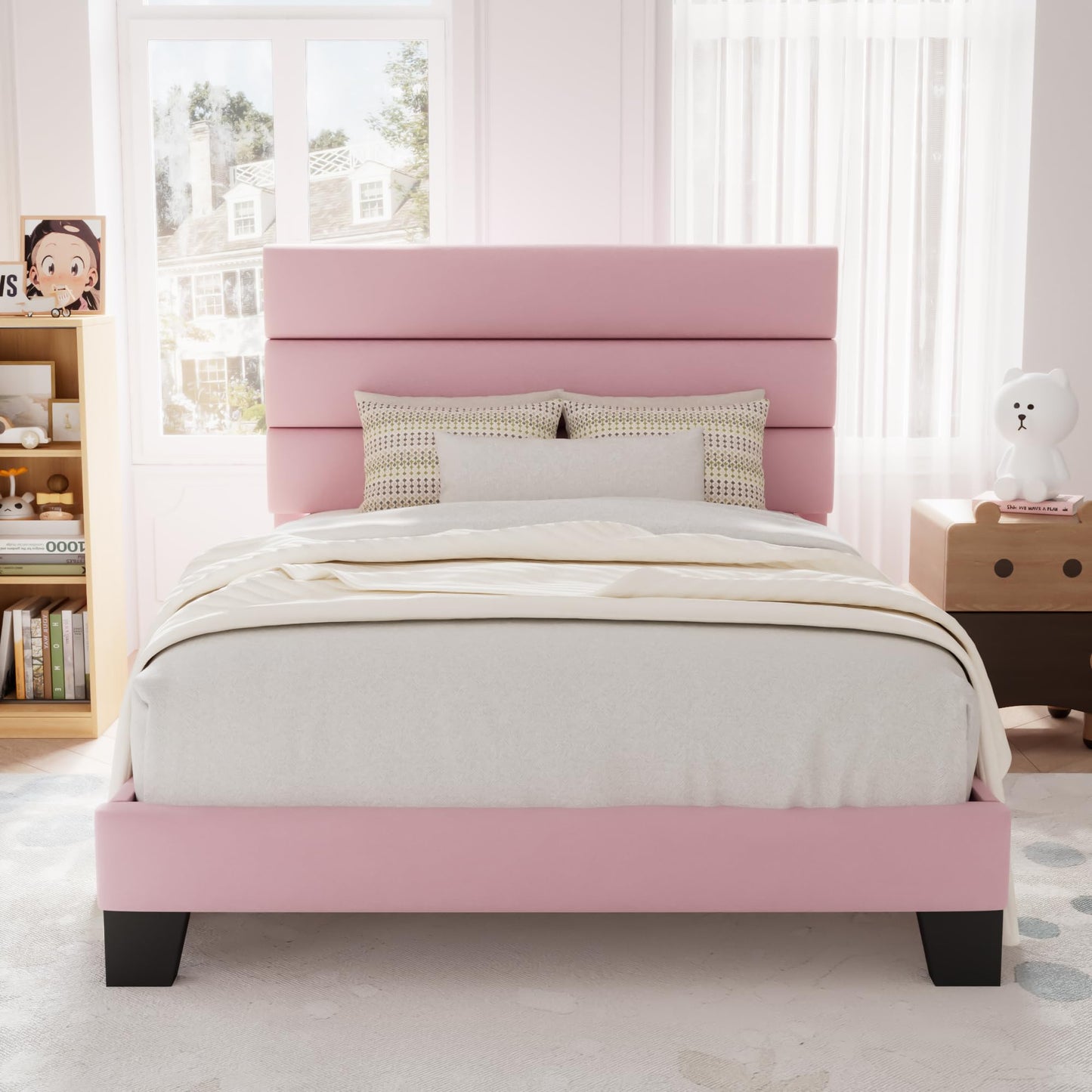 Allewie Queen Size Platform Bed Frame with Fabric Upholstered Headboard and Wooden Slats Support, Fully Upholstered Mattress Foundation/No Box Spring Needed/Easy Assembly, Dark Grey