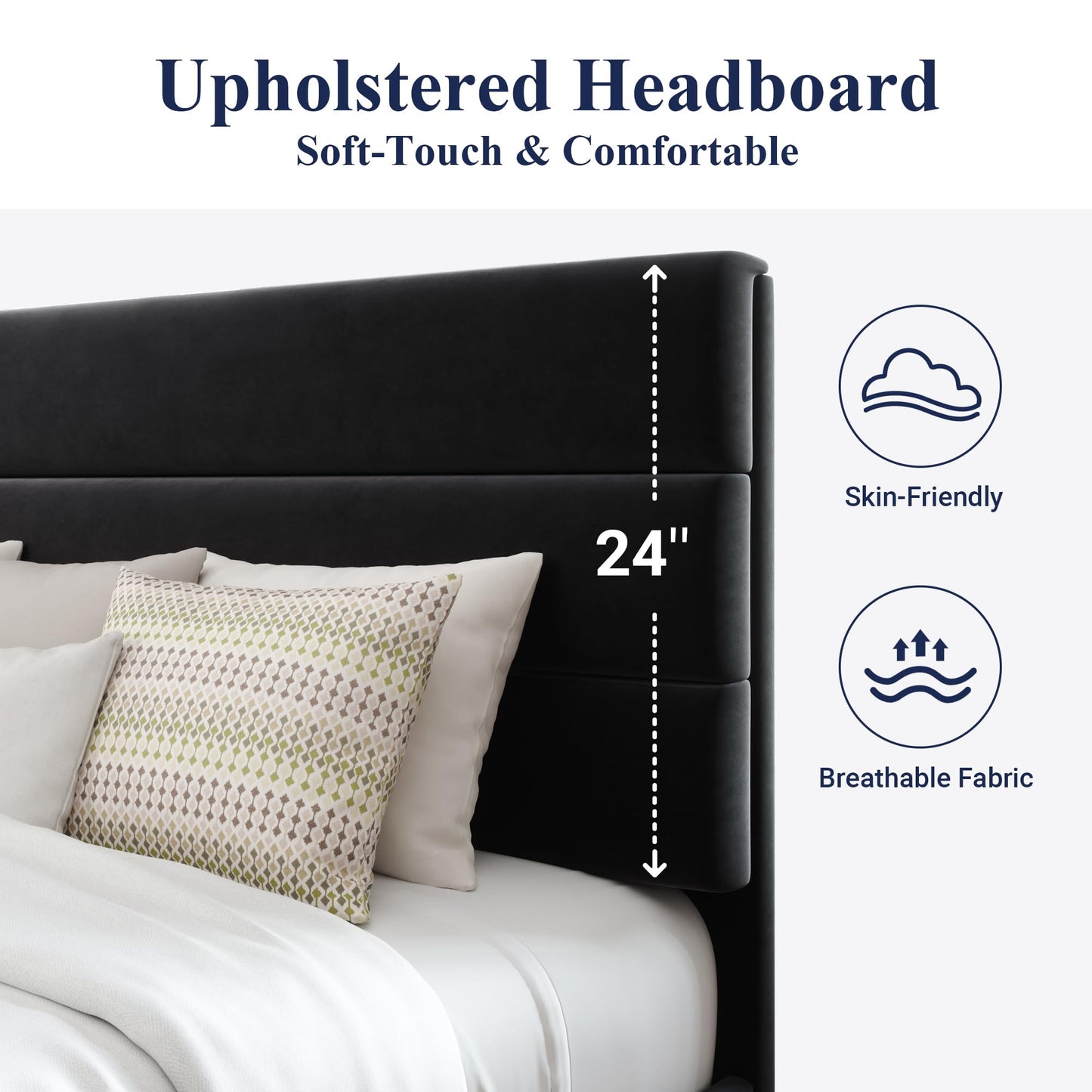 Allewie Queen Size Platform Bed Frame with Fabric Upholstered Headboard and Wooden Slats Support, Fully Upholstered Mattress Foundation/No Box Spring Needed/Easy Assembly, Dark Grey