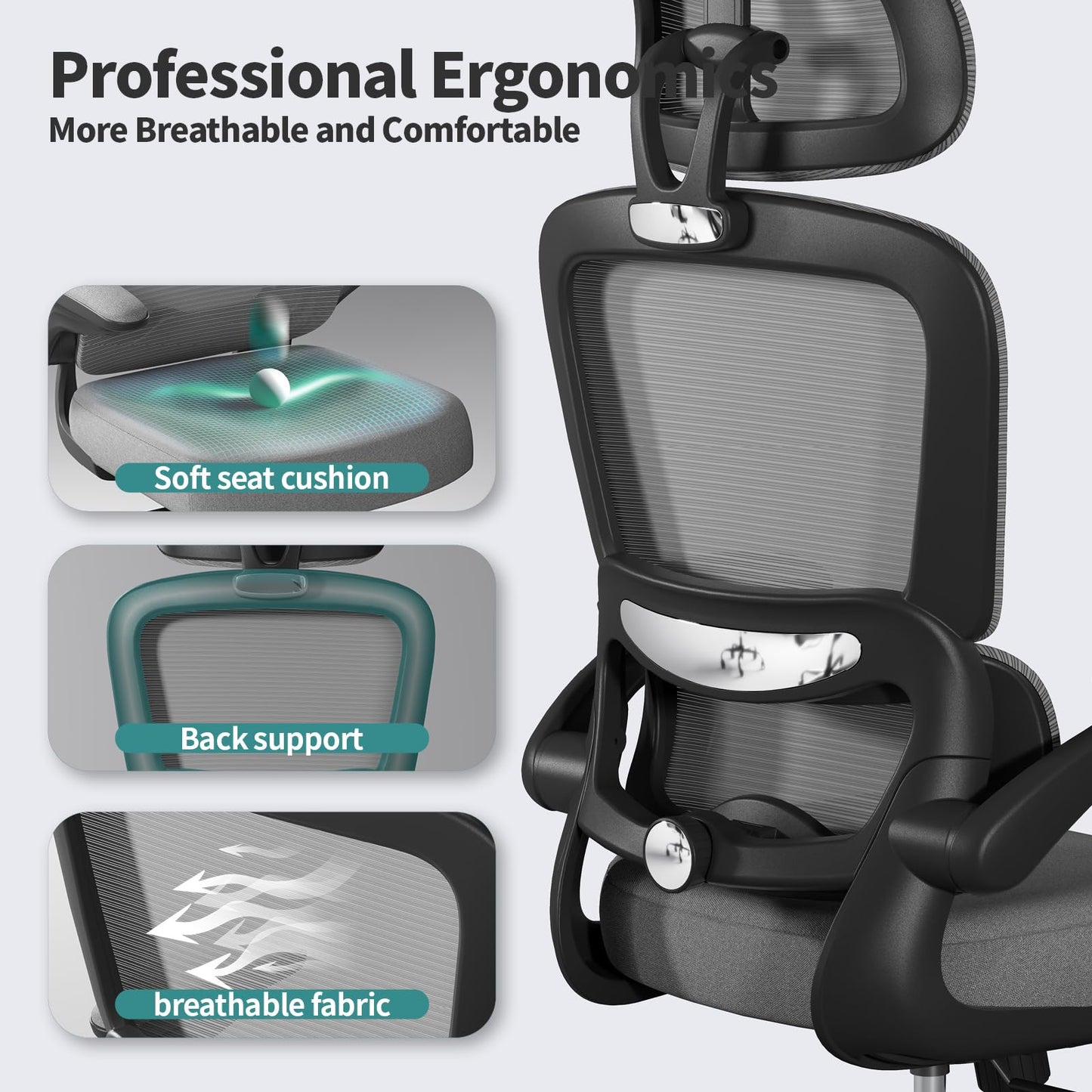 TRALT Office Chair Ergonomic Desk Chair, 330 LBS Home Mesh Office Desk Chairs with Wheels, Comfortable Gaming Chair, High Back Office Chair for Long Hours (Black)