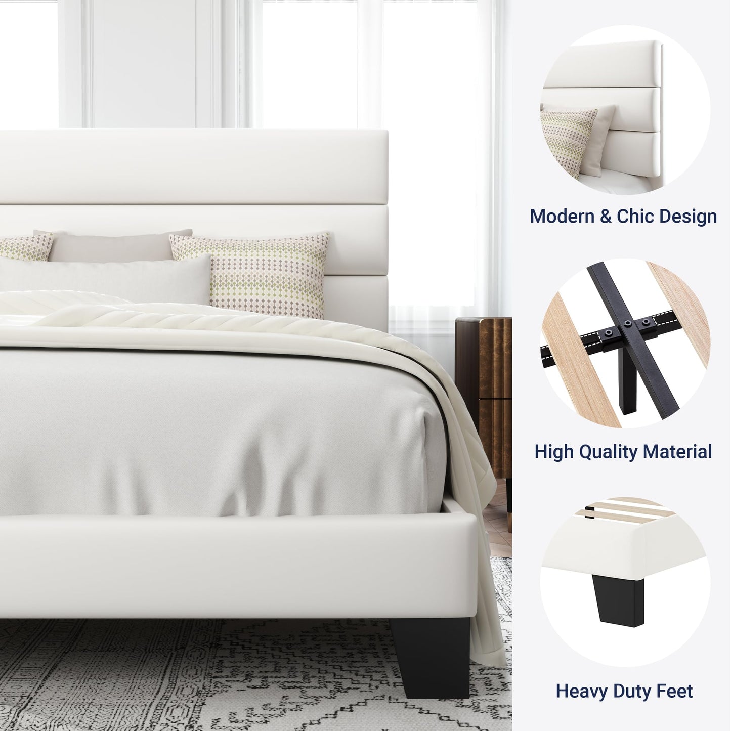 Allewie Queen Size Platform Bed Frame with Fabric Upholstered Headboard and Wooden Slats Support, Fully Upholstered Mattress Foundation/No Box Spring Needed/Easy Assembly, Dark Grey