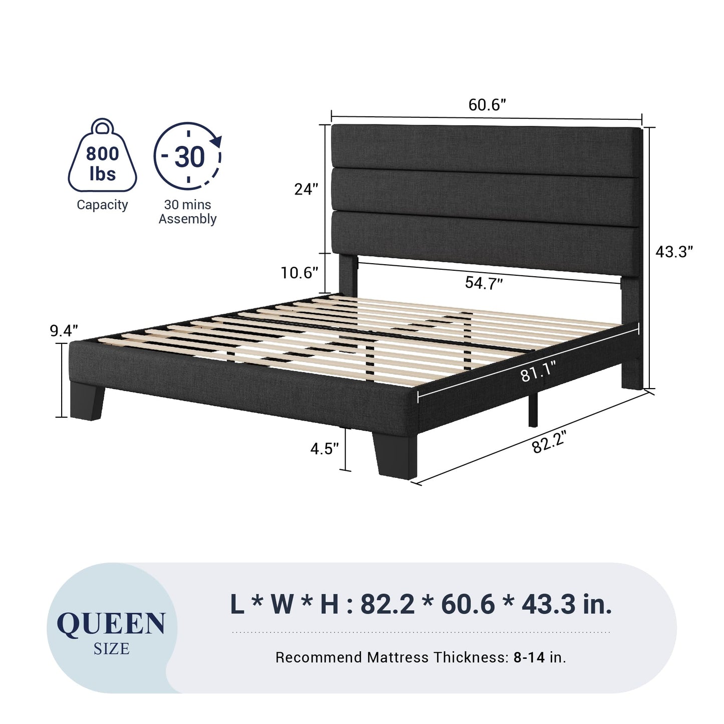 Allewie Queen Size Platform Bed Frame with Fabric Upholstered Headboard and Wooden Slats Support, Fully Upholstered Mattress Foundation/No Box Spring Needed/Easy Assembly, Dark Grey