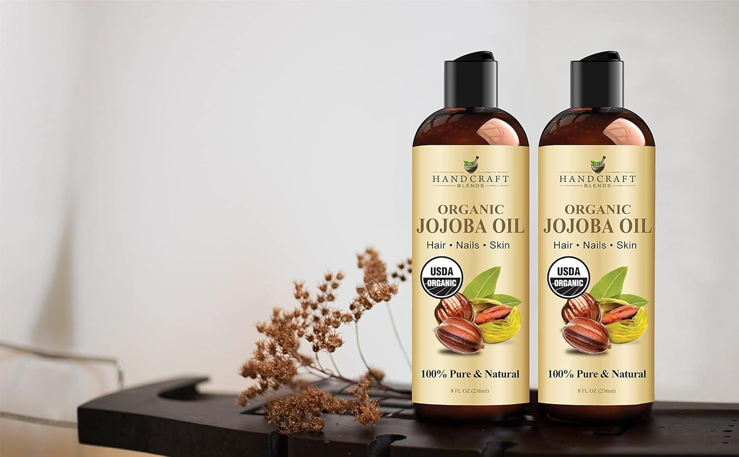 Handcraft Blends USDA Organic Jojoba Oil - Cold-Pressed 8 Fl Oz - 100% Pure and Natural Hair Styling Oil - Premium Grade Carrier Oil for Skin and Hair - Hair and Body - Massage - Hexane-Free