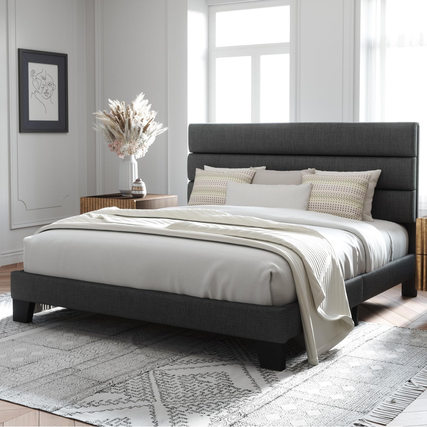 Allewie Queen Size Platform Bed Frame with Fabric Upholstered Headboard and Wooden Slats Support, Fully Upholstered Mattress Foundation/No Box Spring Needed/Easy Assembly, Dark Grey