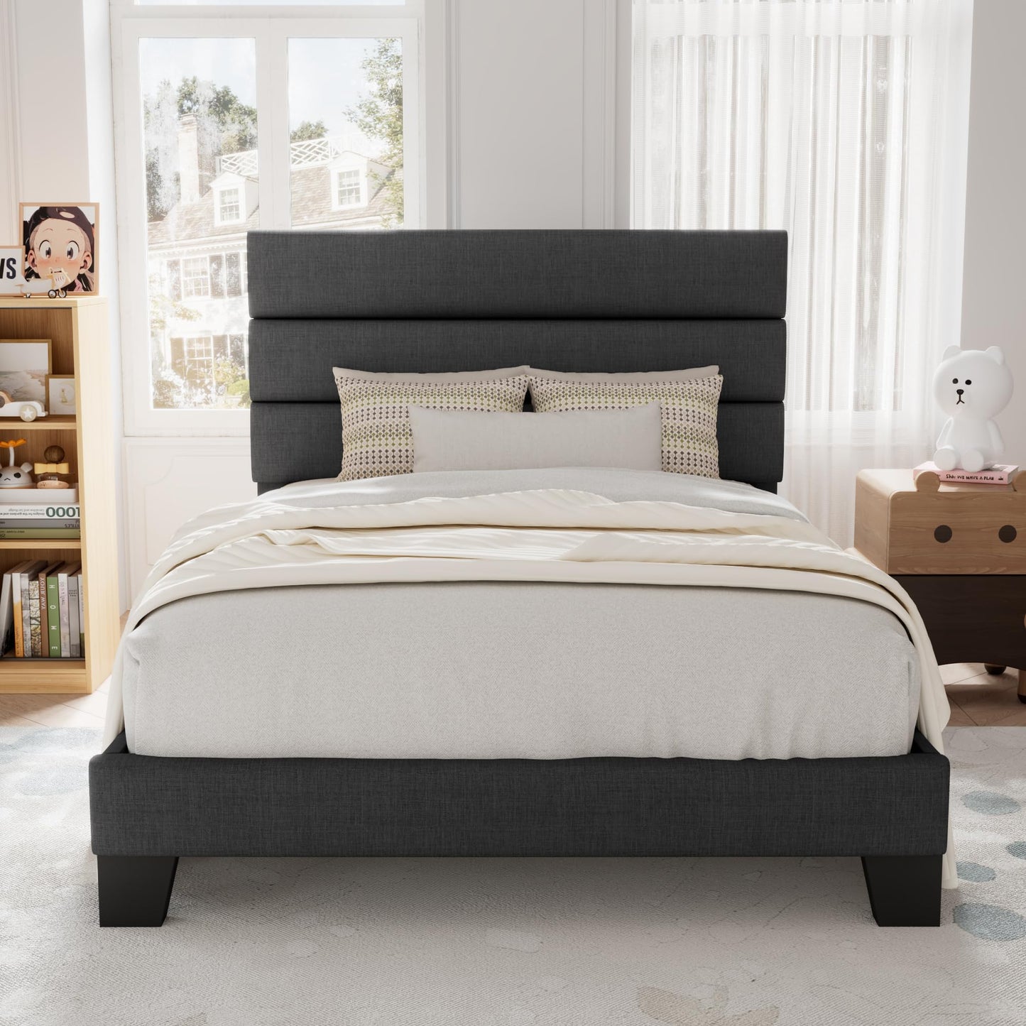Allewie Queen Size Platform Bed Frame with Fabric Upholstered Headboard and Wooden Slats Support, Fully Upholstered Mattress Foundation/No Box Spring Needed/Easy Assembly, Dark Grey