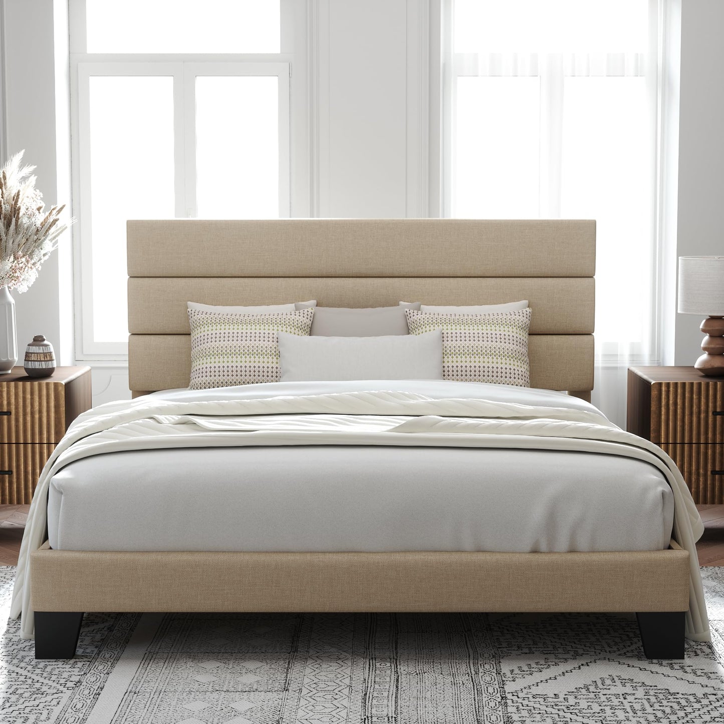 Allewie Queen Size Platform Bed Frame with Fabric Upholstered Headboard and Wooden Slats Support, Fully Upholstered Mattress Foundation/No Box Spring Needed/Easy Assembly, Dark Grey