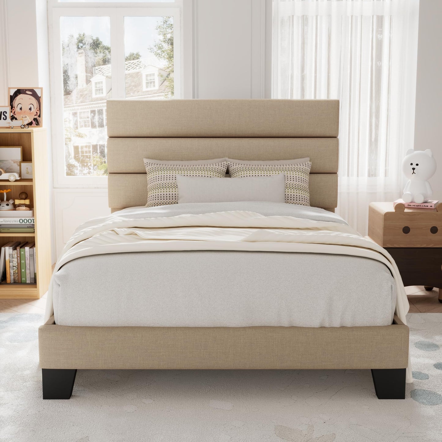 Allewie Queen Size Platform Bed Frame with Fabric Upholstered Headboard and Wooden Slats Support, Fully Upholstered Mattress Foundation/No Box Spring Needed/Easy Assembly, Dark Grey