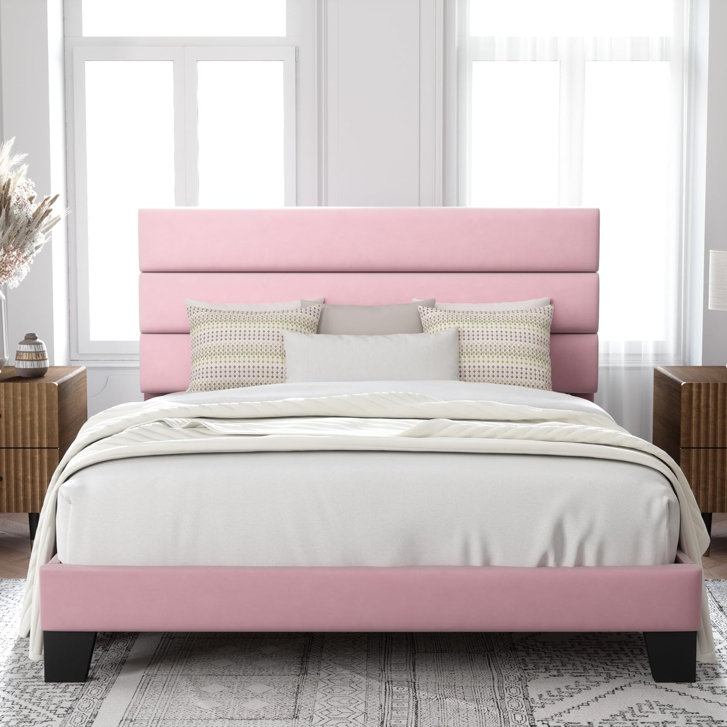 Allewie Queen Size Platform Bed Frame with Fabric Upholstered Headboard and Wooden Slats Support, Fully Upholstered Mattress Foundation/No Box Spring Needed/Easy Assembly, Dark Grey