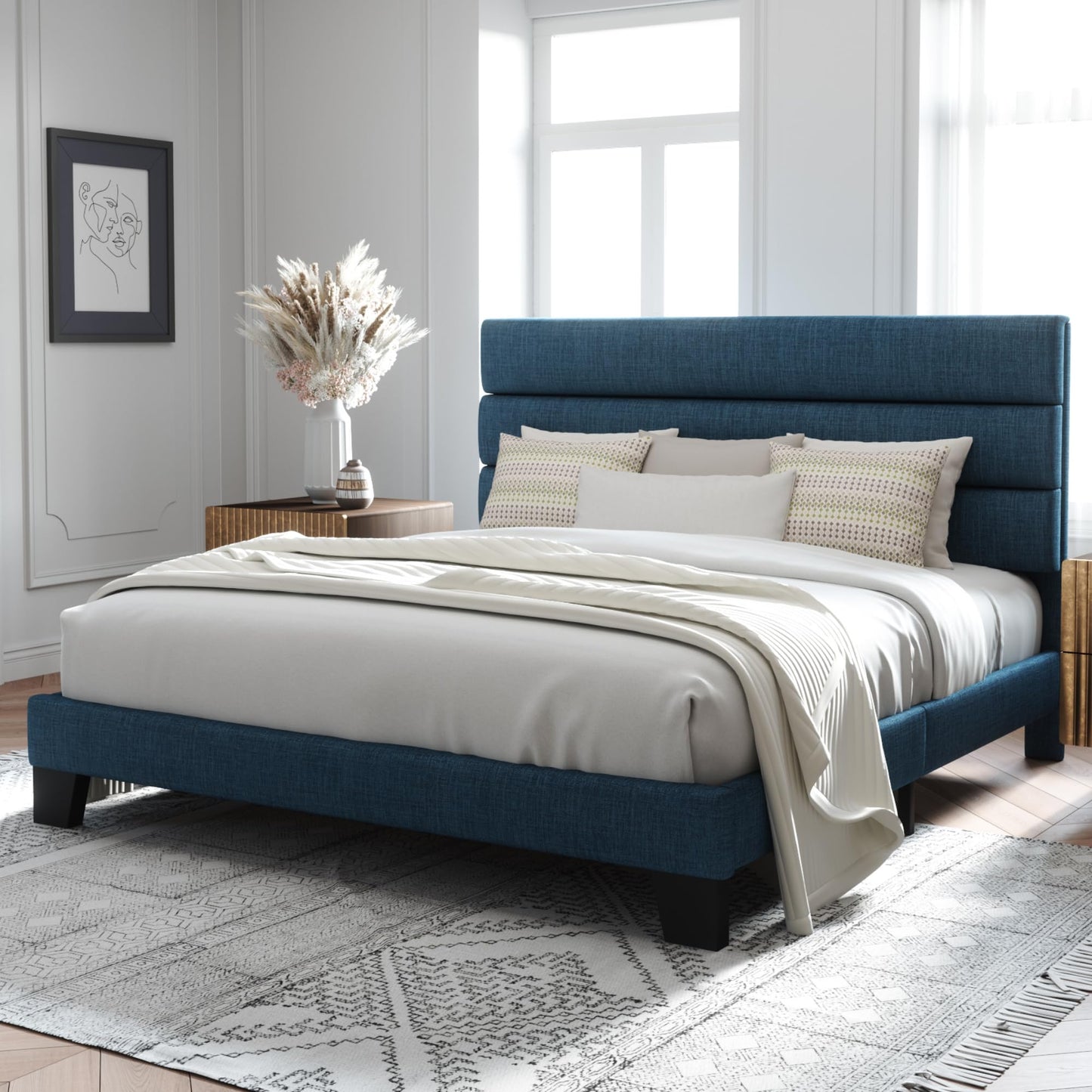 Allewie Queen Size Platform Bed Frame with Fabric Upholstered Headboard and Wooden Slats Support, Fully Upholstered Mattress Foundation/No Box Spring Needed/Easy Assembly, Dark Grey