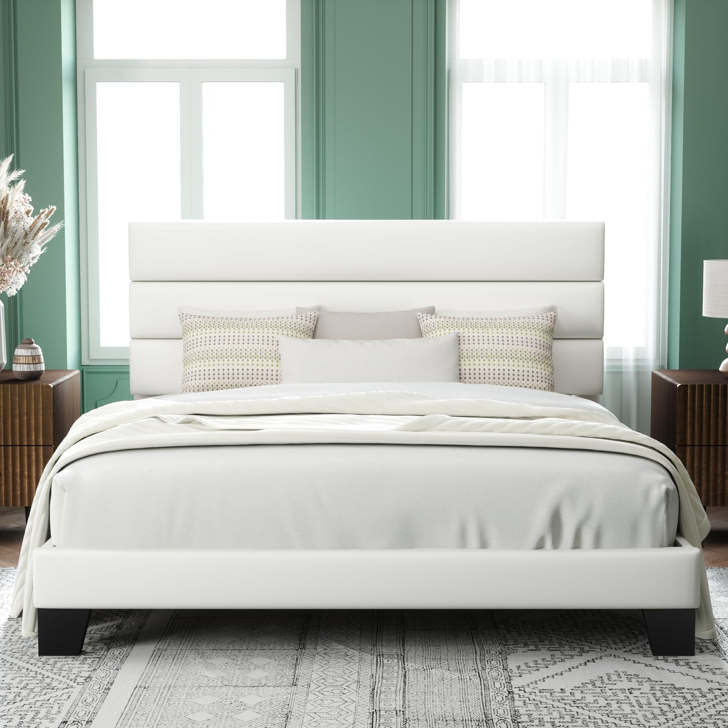 Allewie Queen Size Platform Bed Frame with Fabric Upholstered Headboard and Wooden Slats Support, Fully Upholstered Mattress Foundation/No Box Spring Needed/Easy Assembly, Dark Grey