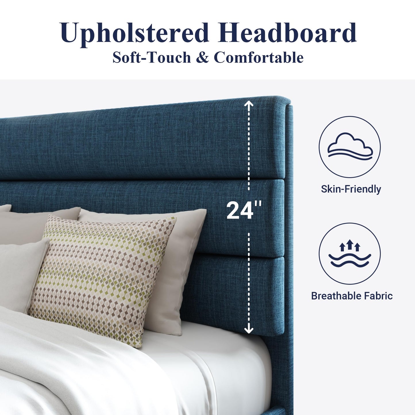 Allewie Queen Size Platform Bed Frame with Fabric Upholstered Headboard and Wooden Slats Support, Fully Upholstered Mattress Foundation/No Box Spring Needed/Easy Assembly, Dark Grey