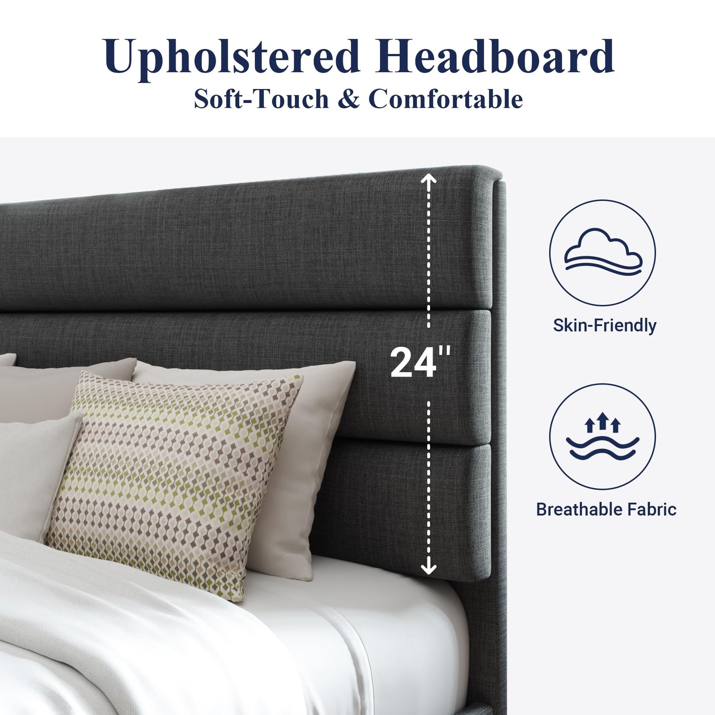 Allewie Queen Size Platform Bed Frame with Fabric Upholstered Headboard and Wooden Slats Support, Fully Upholstered Mattress Foundation/No Box Spring Needed/Easy Assembly, Dark Grey