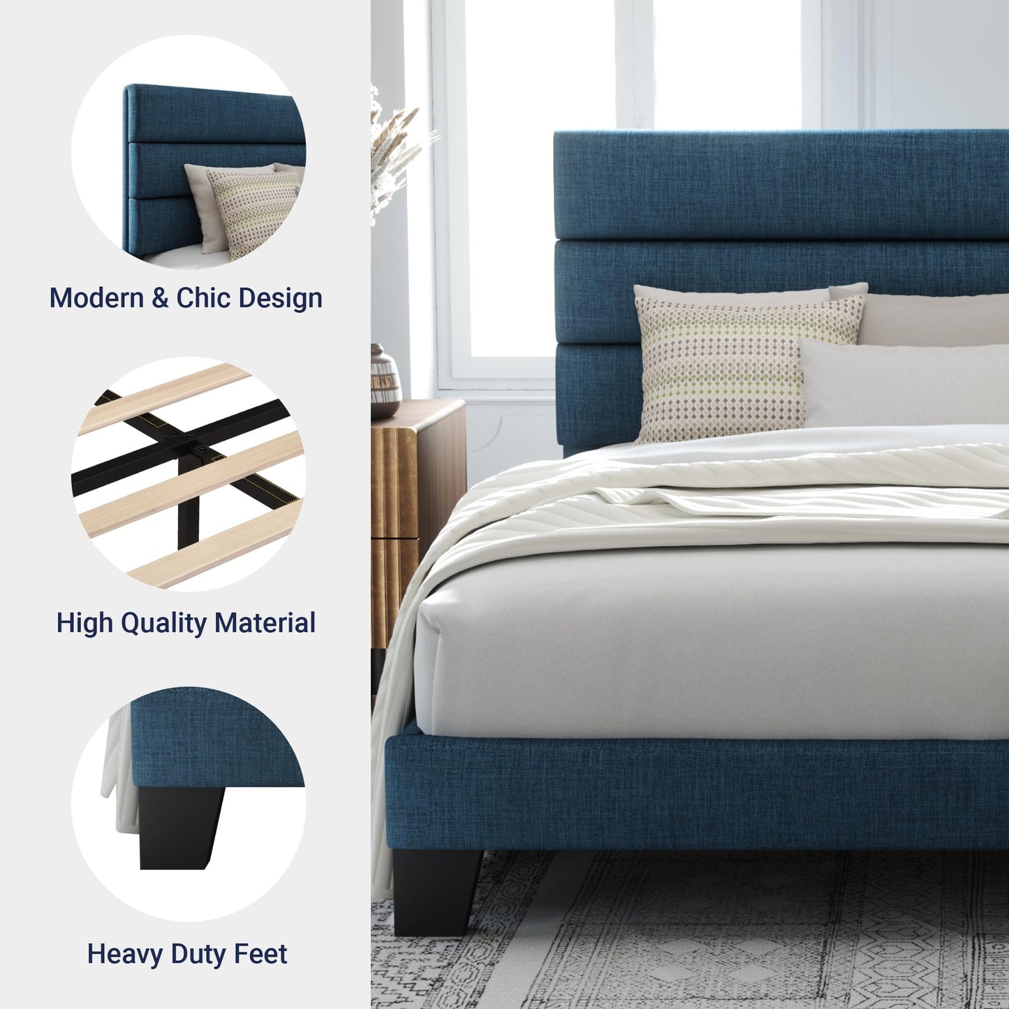 Allewie Queen Size Platform Bed Frame with Fabric Upholstered Headboard and Wooden Slats Support, Fully Upholstered Mattress Foundation/No Box Spring Needed/Easy Assembly, Dark Grey