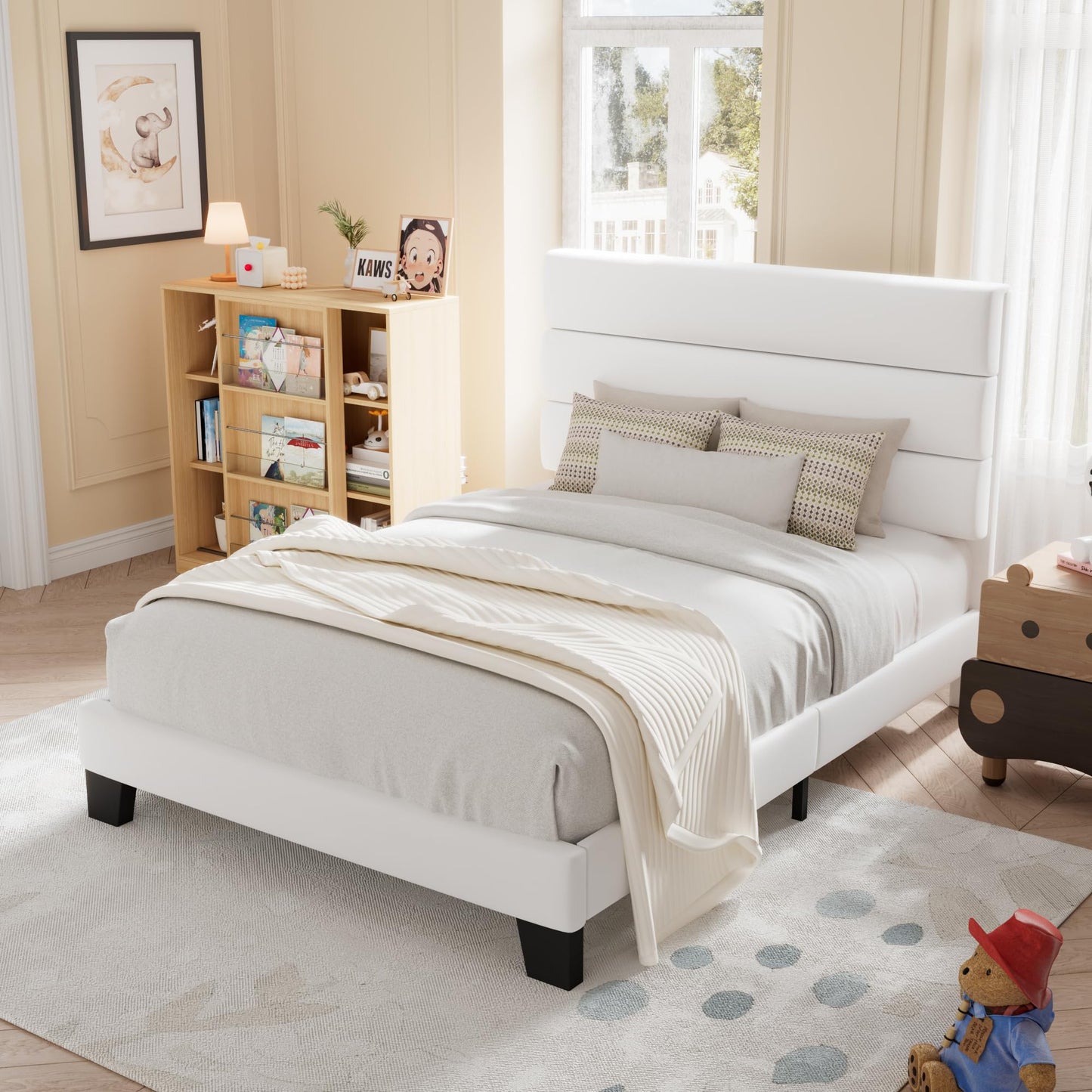 Allewie Queen Size Platform Bed Frame with Fabric Upholstered Headboard and Wooden Slats Support, Fully Upholstered Mattress Foundation/No Box Spring Needed/Easy Assembly, Dark Grey