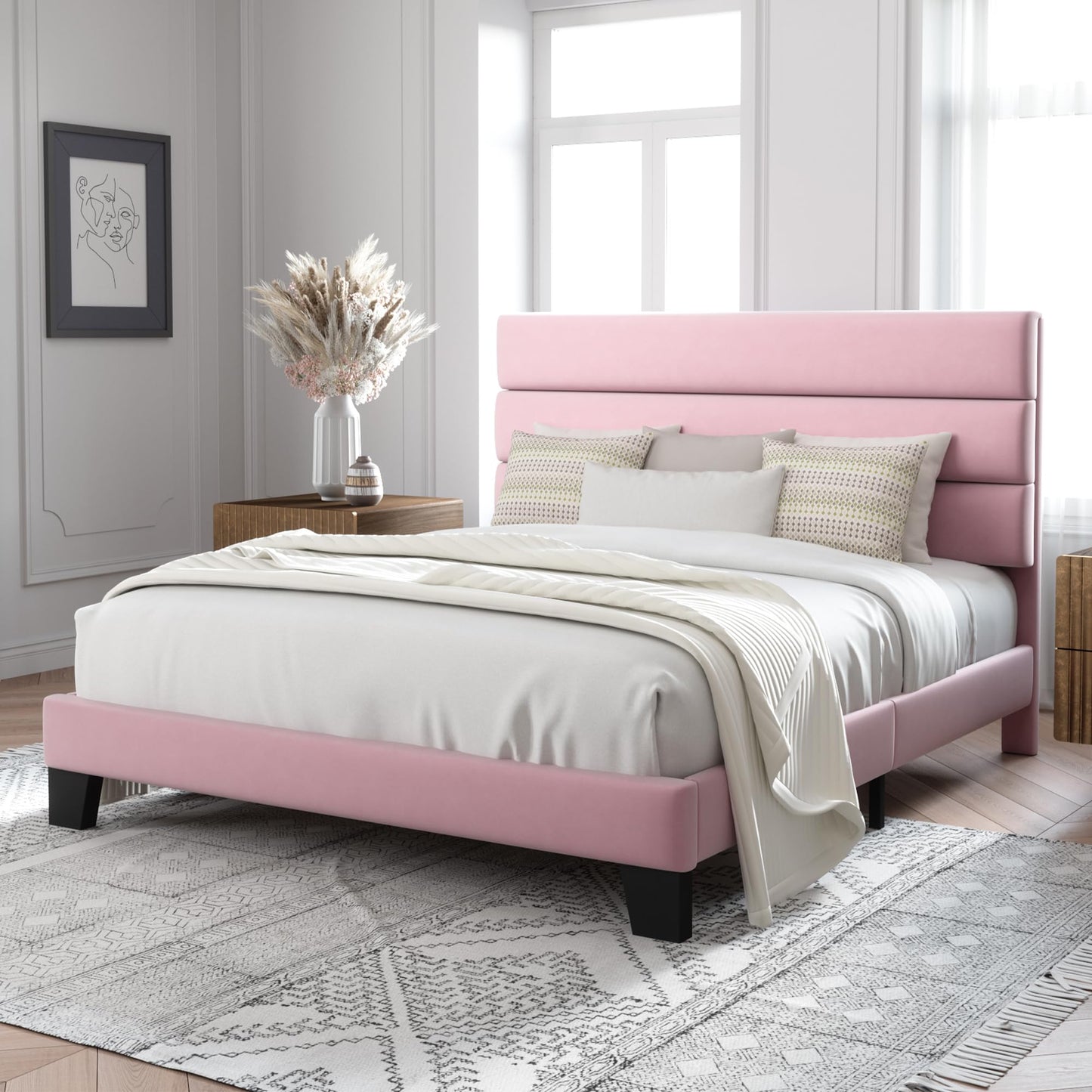 Allewie Queen Size Platform Bed Frame with Fabric Upholstered Headboard and Wooden Slats Support, Fully Upholstered Mattress Foundation/No Box Spring Needed/Easy Assembly, Dark Grey