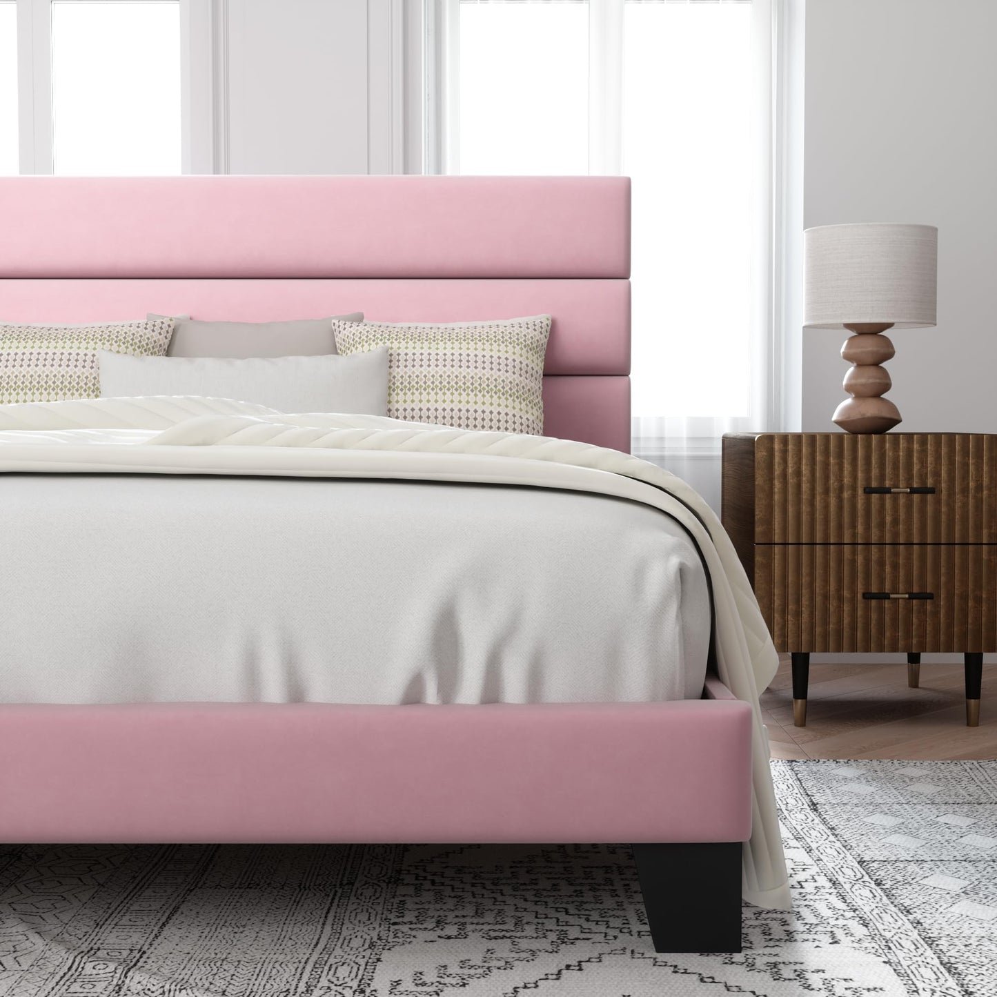 Allewie Queen Size Platform Bed Frame with Fabric Upholstered Headboard and Wooden Slats Support, Fully Upholstered Mattress Foundation/No Box Spring Needed/Easy Assembly, Dark Grey