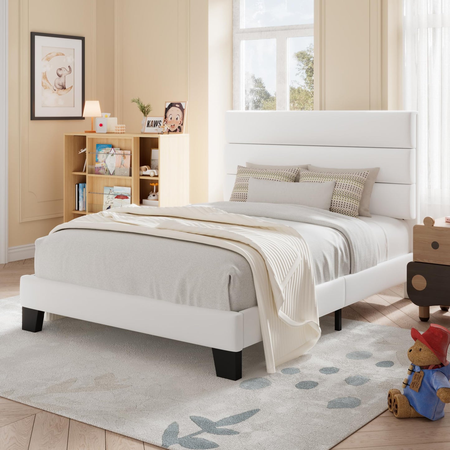 Allewie Queen Size Platform Bed Frame with Fabric Upholstered Headboard and Wooden Slats Support, Fully Upholstered Mattress Foundation/No Box Spring Needed/Easy Assembly, Dark Grey