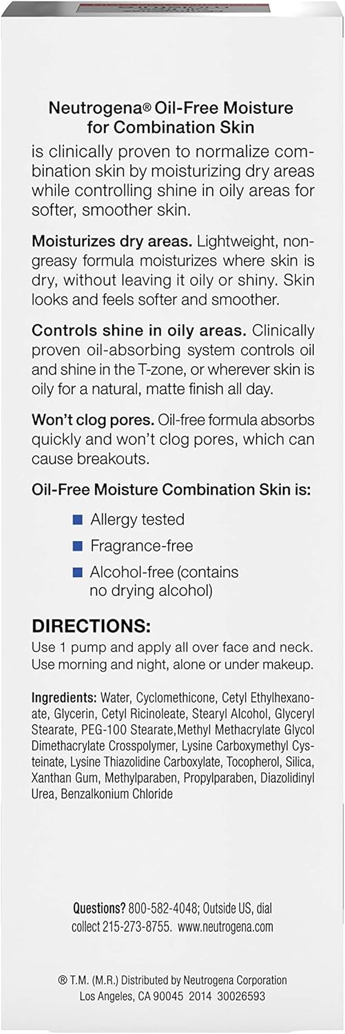 Neutrogena Oil Free Moisture Glycerin Face Moisturizer & Neck Cream for Combination Skin, Lightweight, Oil Absorbing Facial Moisturizer Lotion for a Soft Natural Matte, 4 fl. oz