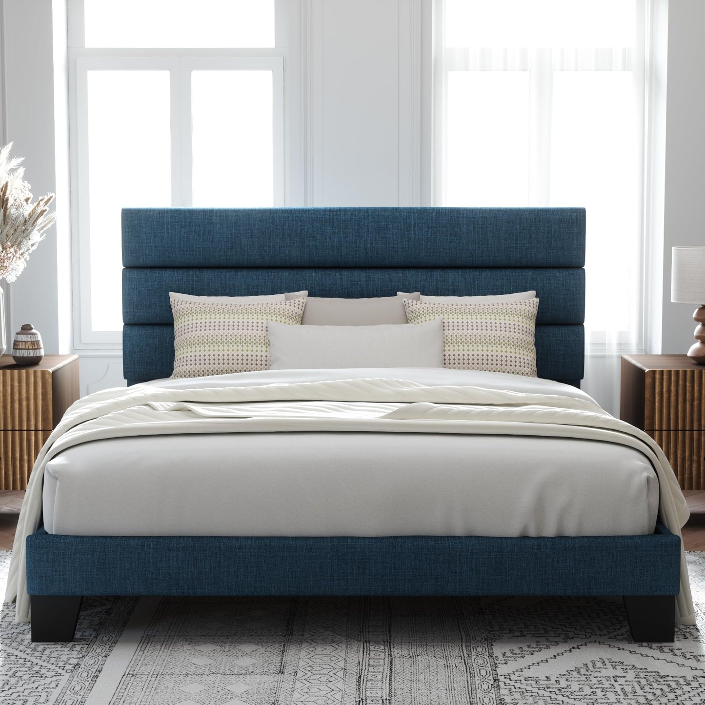 Allewie Queen Size Platform Bed Frame with Fabric Upholstered Headboard and Wooden Slats Support, Fully Upholstered Mattress Foundation/No Box Spring Needed/Easy Assembly, Dark Grey