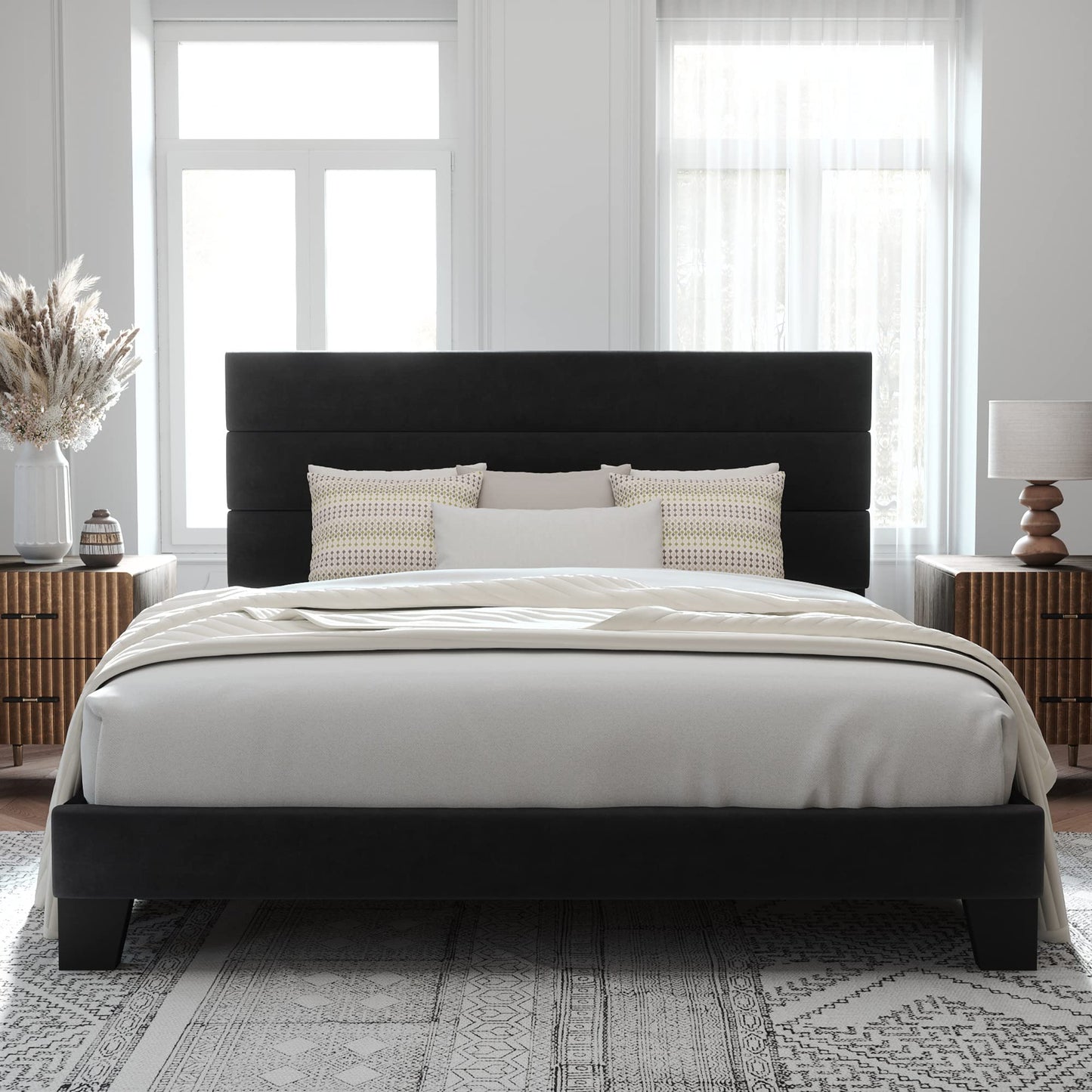 Allewie Queen Size Platform Bed Frame with Fabric Upholstered Headboard and Wooden Slats Support, Fully Upholstered Mattress Foundation/No Box Spring Needed/Easy Assembly, Dark Grey