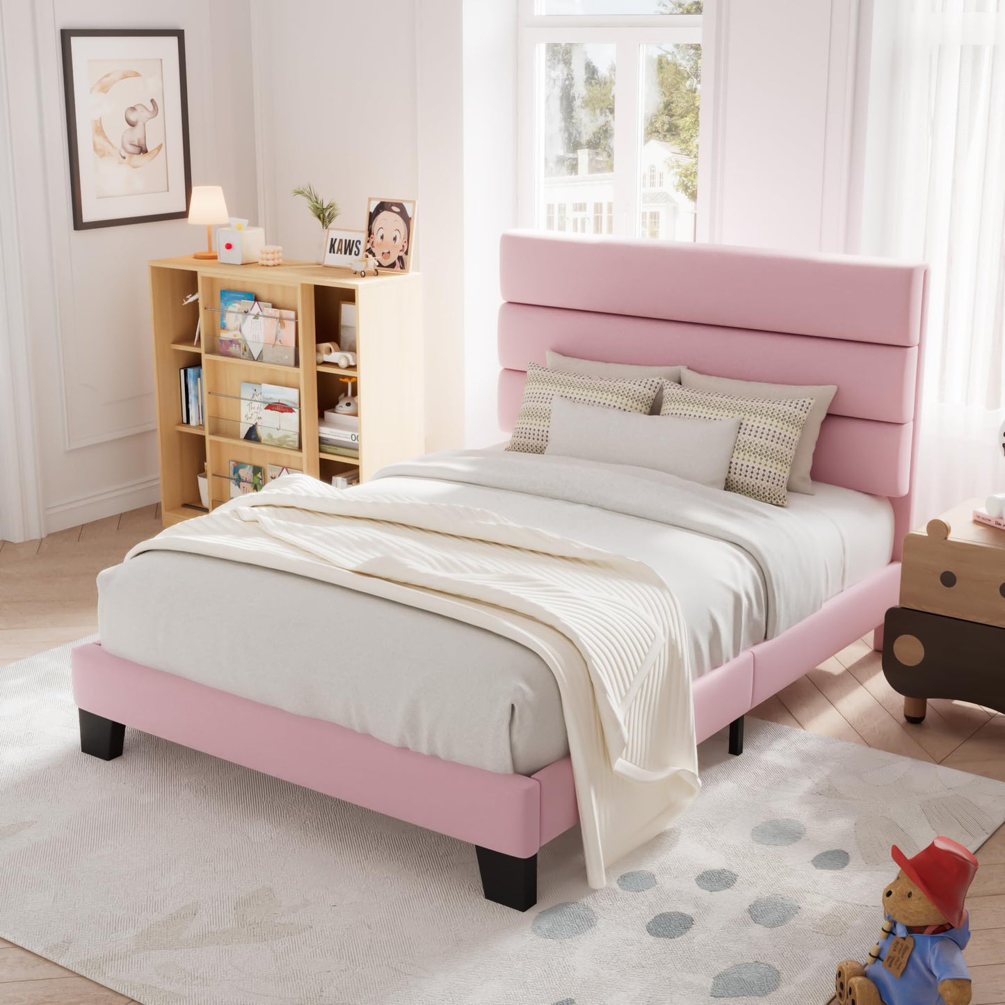 Allewie Queen Size Platform Bed Frame with Fabric Upholstered Headboard and Wooden Slats Support, Fully Upholstered Mattress Foundation/No Box Spring Needed/Easy Assembly, Dark Grey