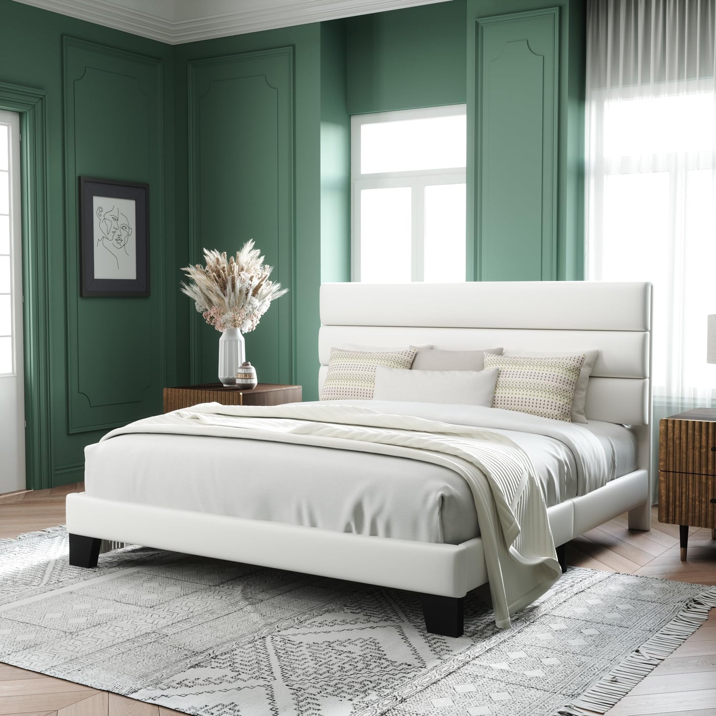 Allewie Queen Size Platform Bed Frame with Fabric Upholstered Headboard and Wooden Slats Support, Fully Upholstered Mattress Foundation/No Box Spring Needed/Easy Assembly, Dark Grey