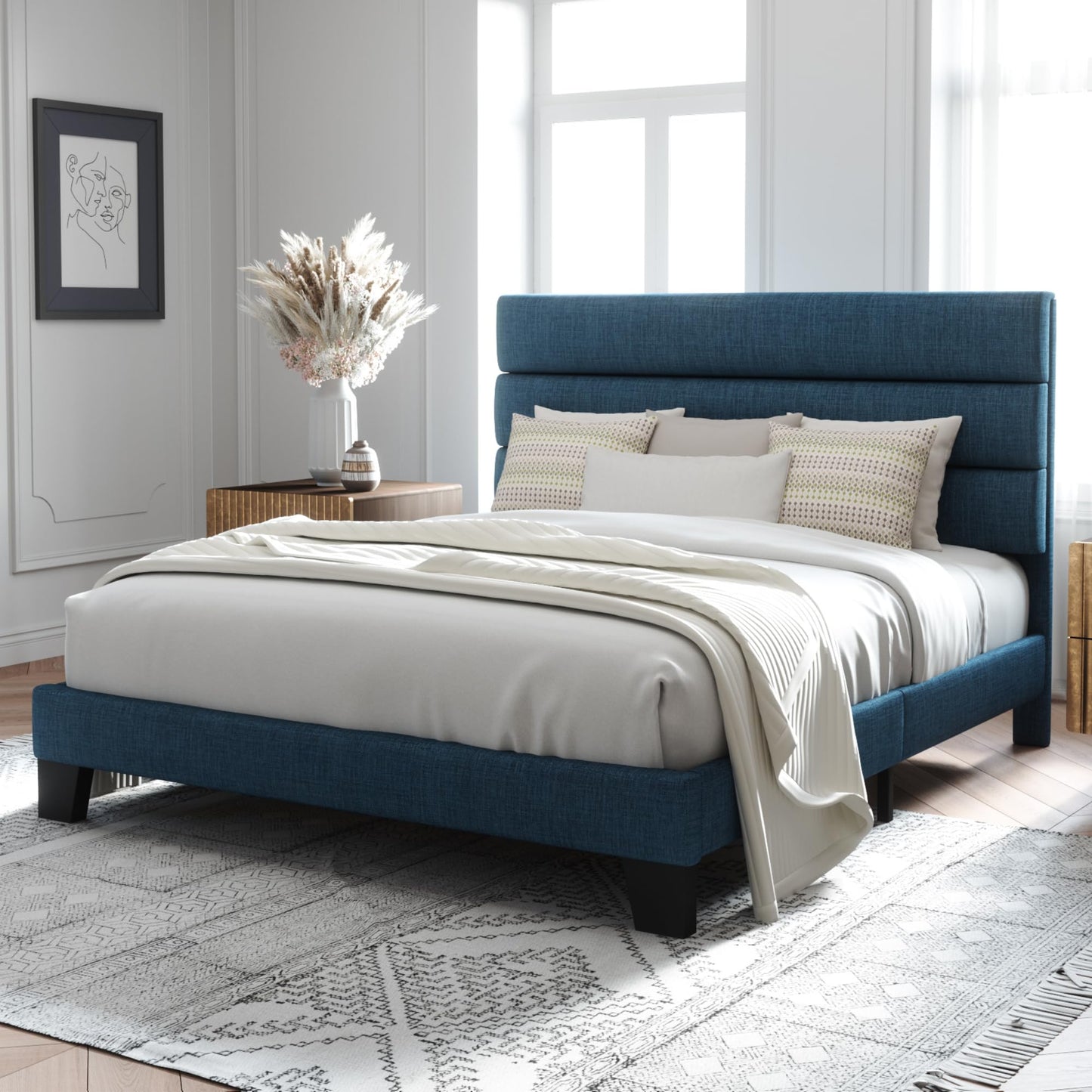 Allewie Queen Size Platform Bed Frame with Fabric Upholstered Headboard and Wooden Slats Support, Fully Upholstered Mattress Foundation/No Box Spring Needed/Easy Assembly, Dark Grey