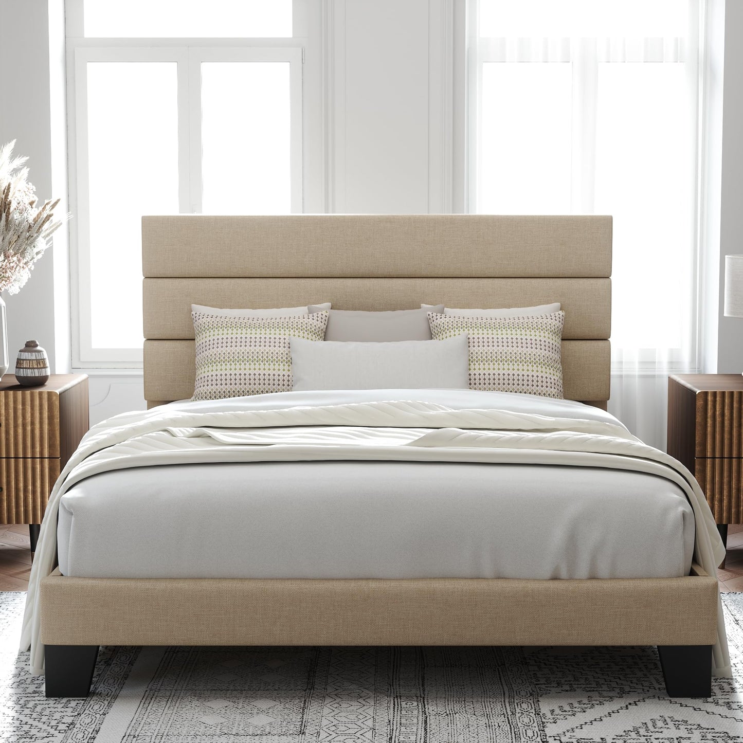 Allewie Queen Size Platform Bed Frame with Fabric Upholstered Headboard and Wooden Slats Support, Fully Upholstered Mattress Foundation/No Box Spring Needed/Easy Assembly, Dark Grey