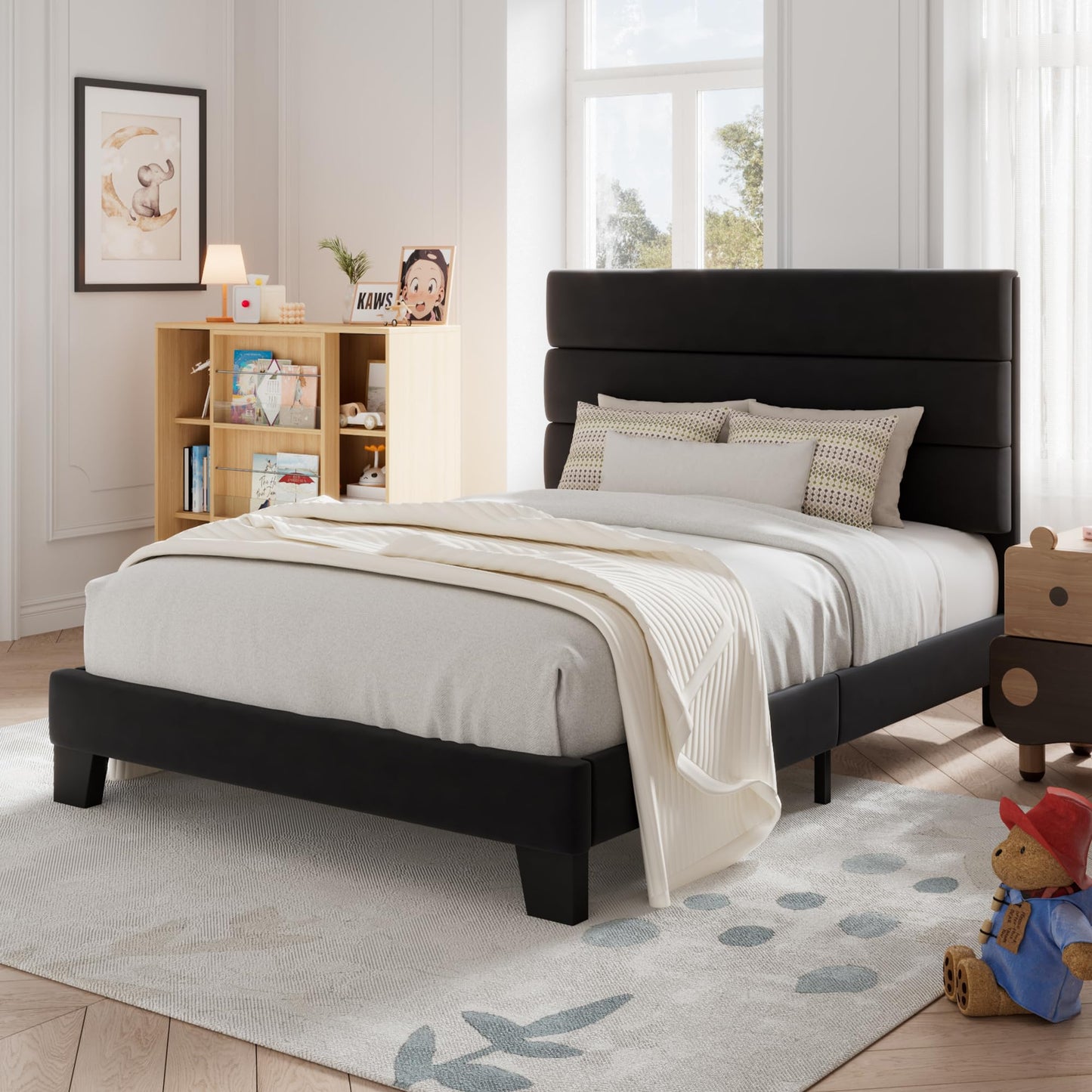 Allewie Queen Size Platform Bed Frame with Fabric Upholstered Headboard and Wooden Slats Support, Fully Upholstered Mattress Foundation/No Box Spring Needed/Easy Assembly, Dark Grey