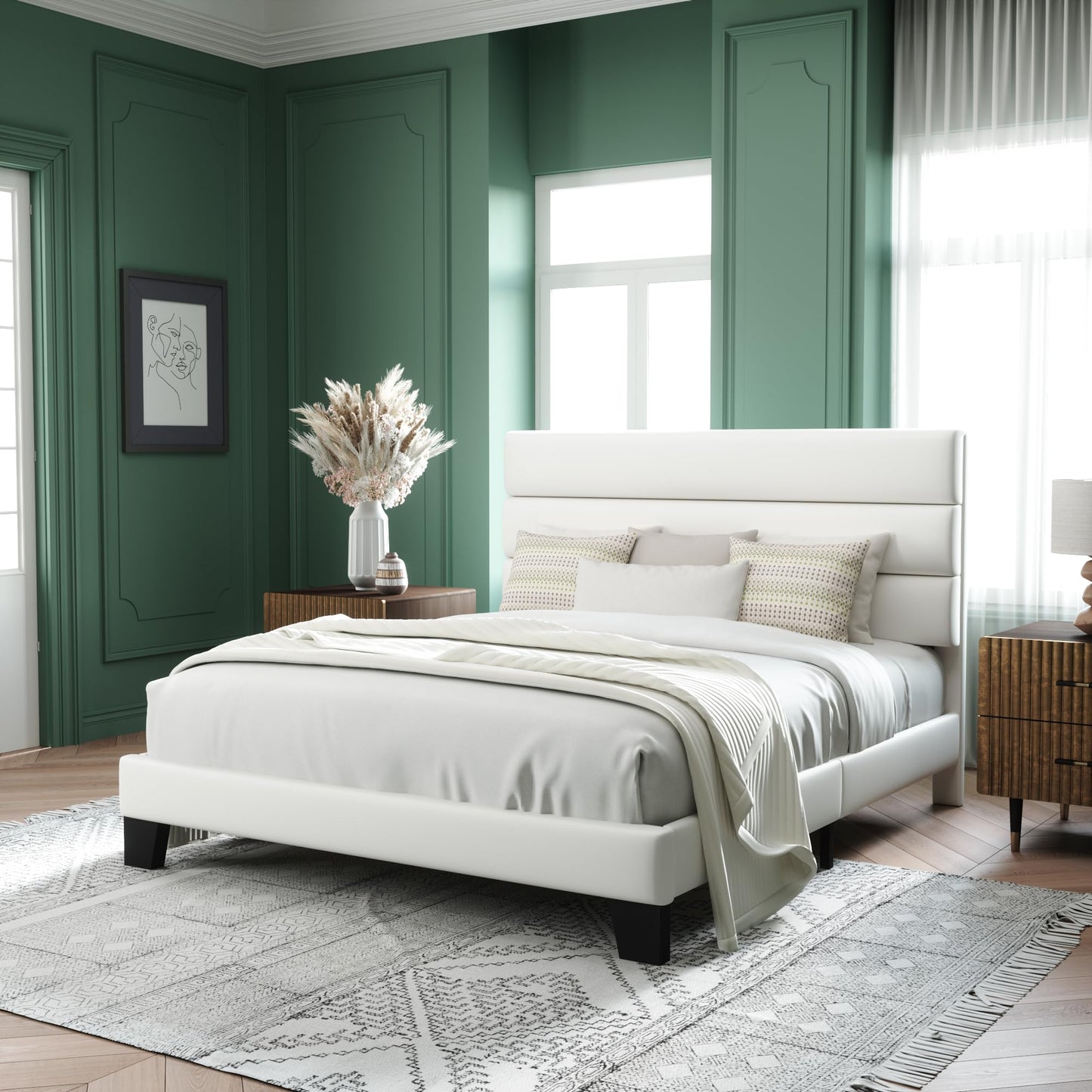 Allewie Queen Size Platform Bed Frame with Fabric Upholstered Headboard and Wooden Slats Support, Fully Upholstered Mattress Foundation/No Box Spring Needed/Easy Assembly, Dark Grey