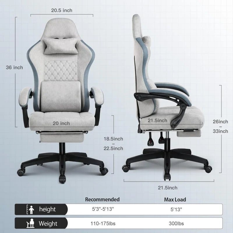 Gaming Chair with Footrest Fabric with Pocket Spring Cushion and Linkage Armrests, High Back Ergonomic with Lumbar Support