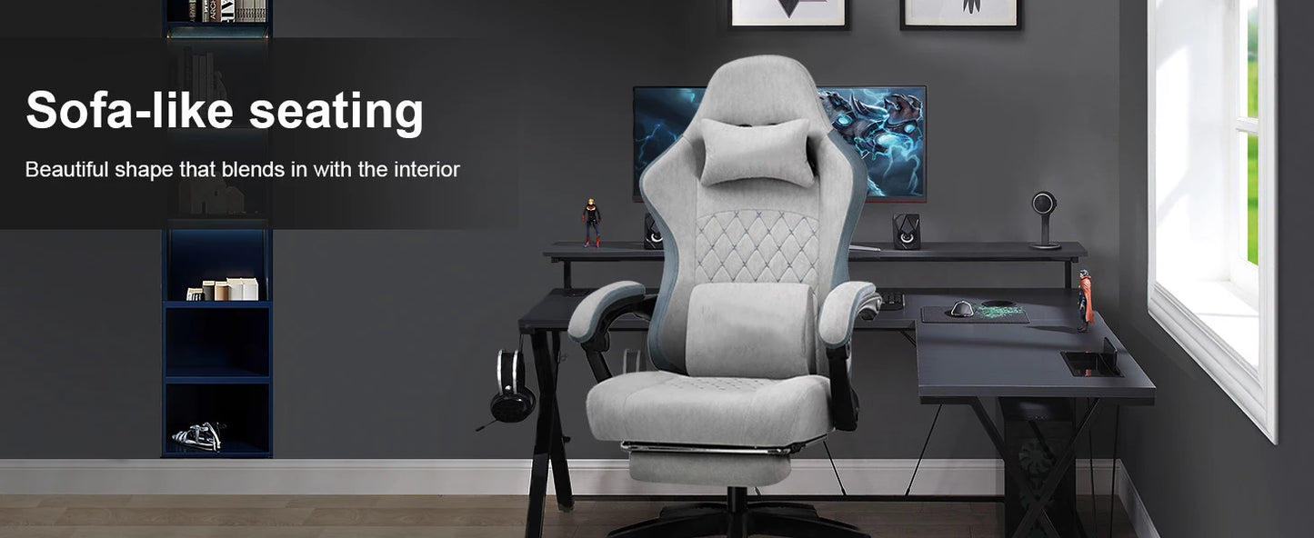 Gaming Chair with Footrest Fabric with Pocket Spring Cushion and Linkage Armrests, High Back Ergonomic with Lumbar Support
