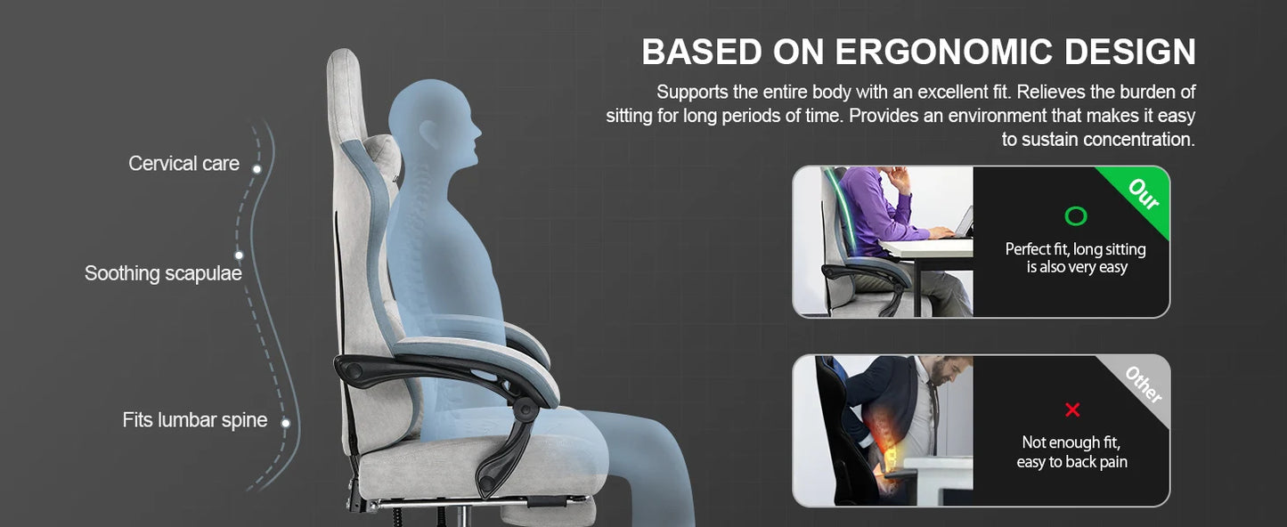 Gaming Chair with Footrest Fabric with Pocket Spring Cushion and Linkage Armrests, High Back Ergonomic with Lumbar Support