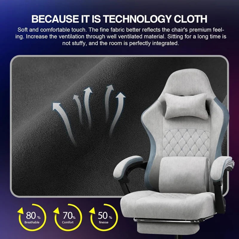 Gaming Chair with Footrest Fabric with Pocket Spring Cushion and Linkage Armrests, High Back Ergonomic with Lumbar Support