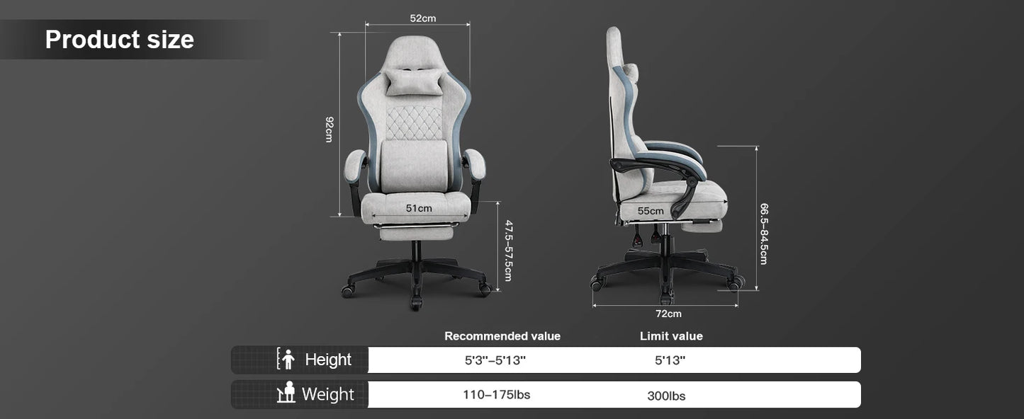 Gaming Chair with Footrest Fabric with Pocket Spring Cushion and Linkage Armrests, High Back Ergonomic with Lumbar Support