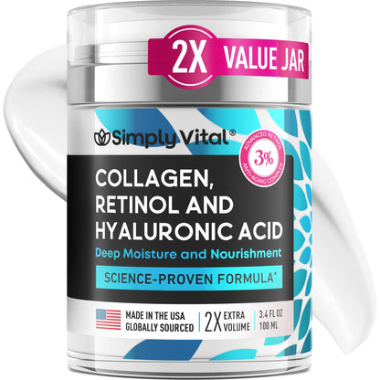 SimplyVital Collagen, Retinol & Hyaluronic Acid Cream - Anti-Aging Face Moisturizer for Face, Firming Skin Care Neck & Décolleté - Made in USA, Daily Moisturizer Face Cream Day & Night - 1.7 fl.oz.