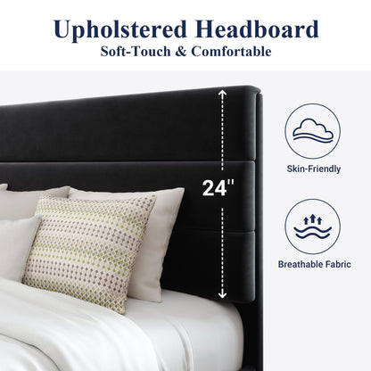 Allewie Queen Size Platform Bed Frame with Fabric Upholstered Headboard and Wooden Slats Support, Fully Upholstered Mattress Foundation/No Box Spring Needed/Easy Assembly, Dark Grey