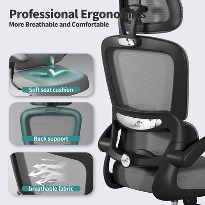 TRALT Office Chair Ergonomic Desk Chair, 330 LBS Home Mesh Office Desk Chairs with Wheels, Comfortable Gaming Chair, High Back Office Chair for Long Hours (Black)