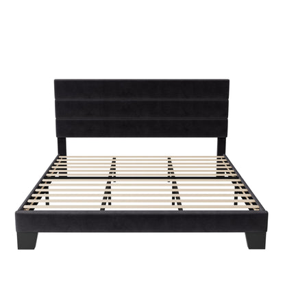 Allewie Queen Size Platform Bed Frame with Fabric Upholstered Headboard and Wooden Slats Support, Fully Upholstered Mattress Foundation/No Box Spring Needed/Easy Assembly, Dark Grey
