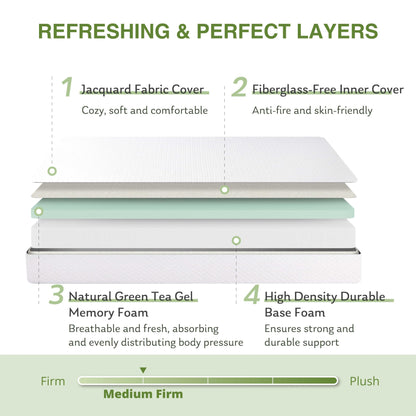 Full Size Memory Foam Mattress, 8 Inch Bed Mattress in A Box with Cooling Green Tea Gel, Pressure Relief with Medium Firm Support, CertiPUR-US Certified, 75''L x 54''W, ‎37.3 pounds White