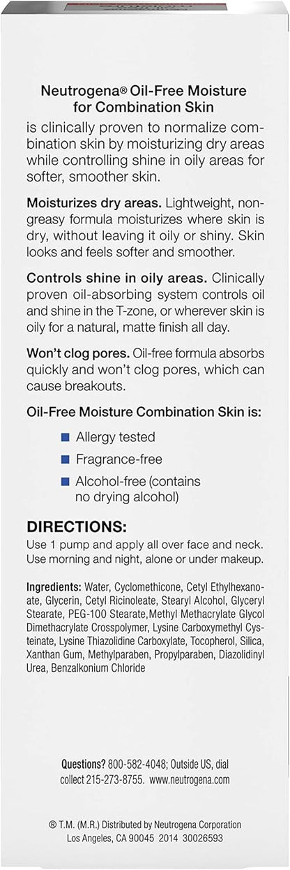 Neutrogena Oil Free Moisture Glycerin Face Moisturizer & Neck Cream for Combination Skin, Lightweight, Oil Absorbing Facial Moisturizer Lotion for a Soft Natural Matte, 4 fl. oz