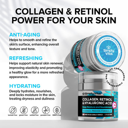SimplyVital Collagen, Retinol & Hyaluronic Acid Cream - Anti-Aging Face Moisturizer for Face, Firming Skin Care Neck & Décolleté - Made in USA, Daily Moisturizer Face Cream Day & Night - 1.7 fl.oz.