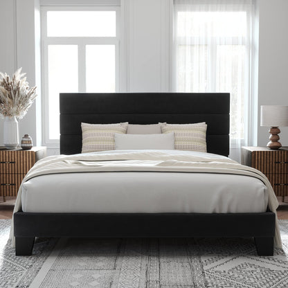 Allewie Queen Size Platform Bed Frame with Fabric Upholstered Headboard and Wooden Slats Support, Fully Upholstered Mattress Foundation/No Box Spring Needed/Easy Assembly, Dark Grey